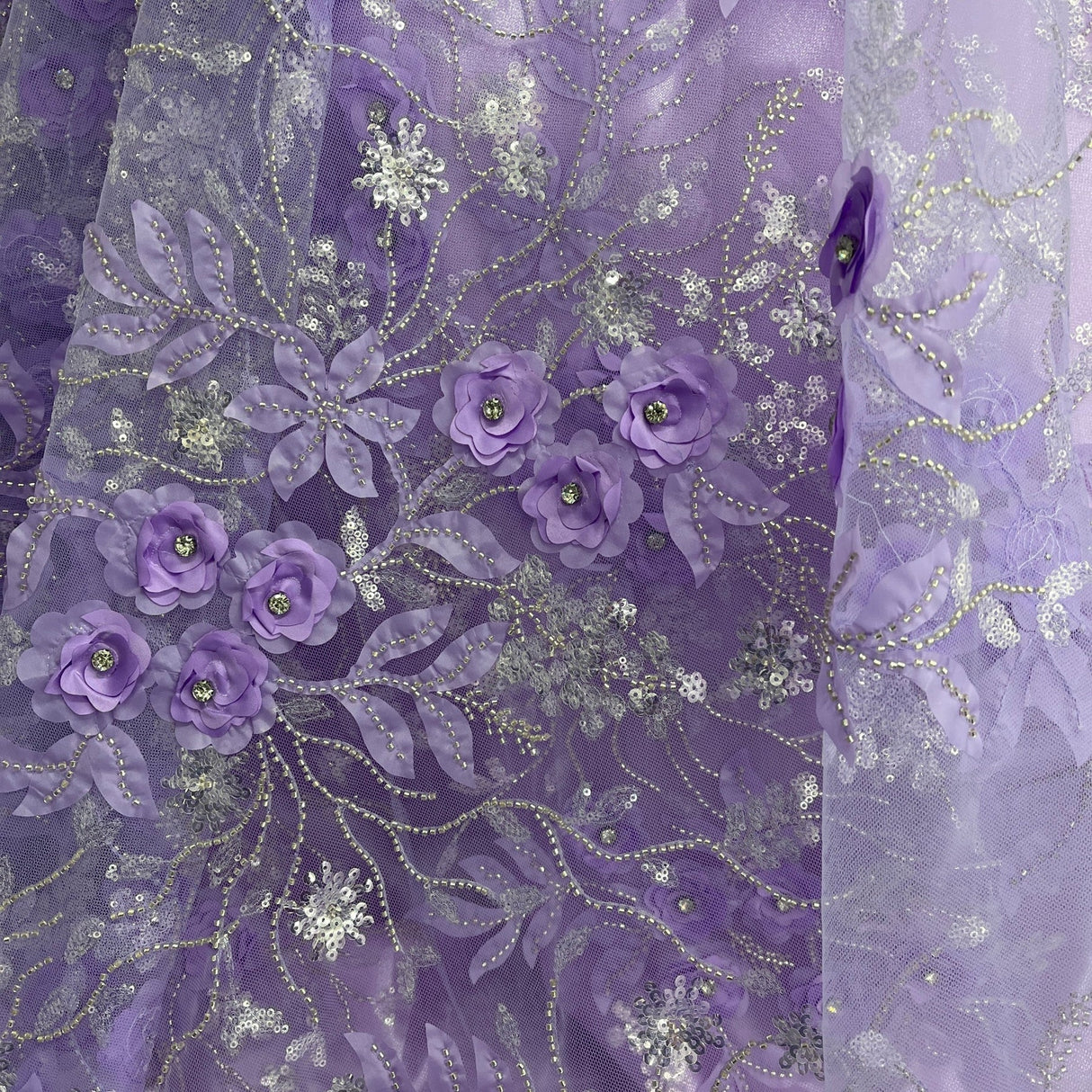 1 Yard Exquisite Off White Beaded 3D Floral Lace Fabric on Net Mesh 52 inch Width