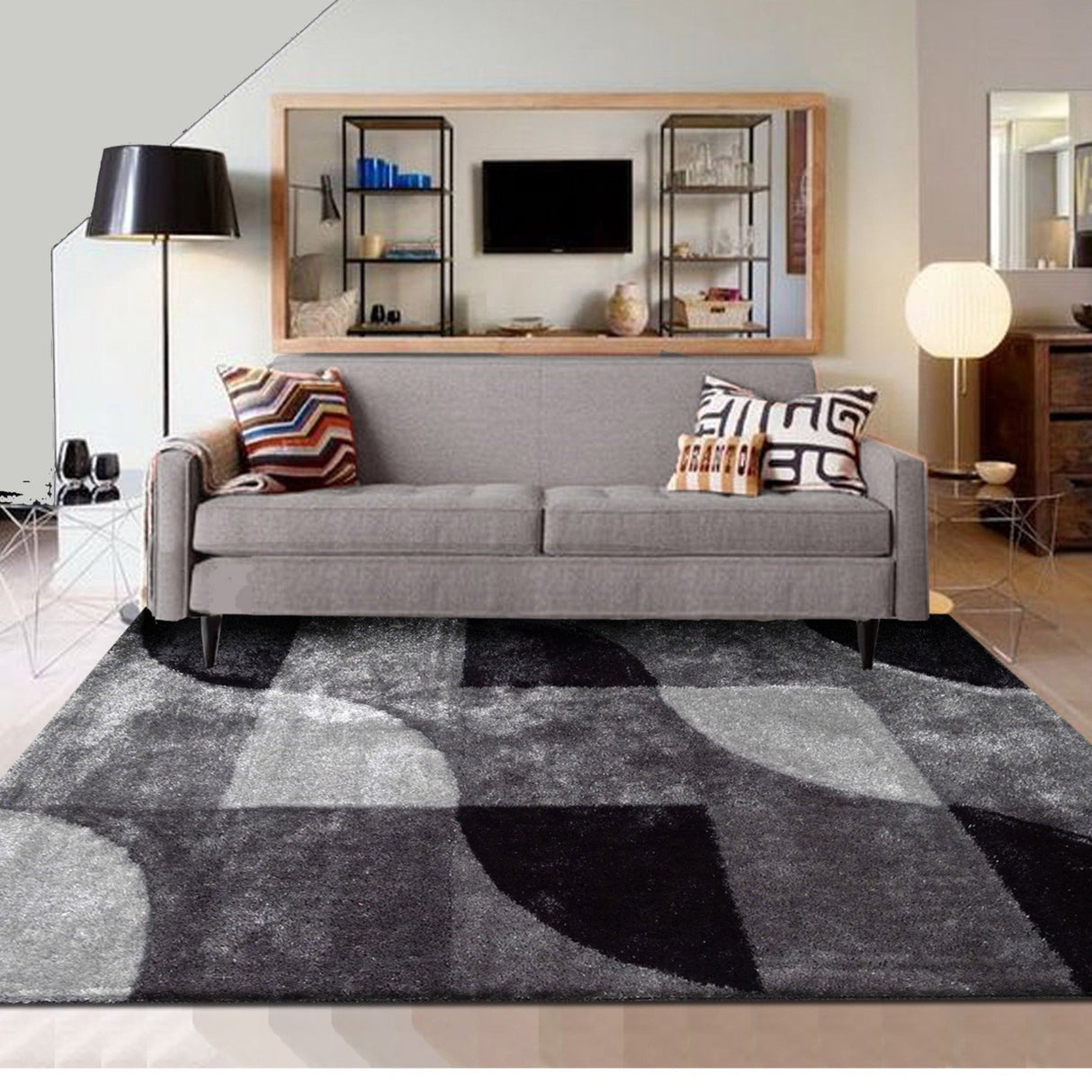 Vibrant Soft Cozy Geometric Design Polyester Fabric - Shag Area Rug, Gray Black, 5' X 7' (1 Piece)