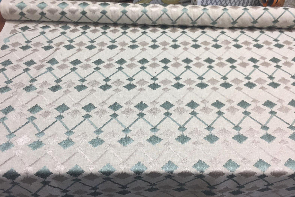 Bali Embroidered Seagrass Polyester Cotton Fabric - Teal And Gray Linen Look, 4" Horizontal Repeat, 9.5" Vertical Repeat (1 Yard)