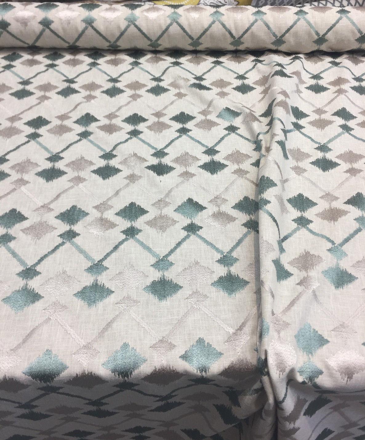 Bali Embroidered Seagrass Polyester Cotton Fabric - Teal And Gray Linen Look, 4" Horizontal Repeat, 9.5" Vertical Repeat (1 Yard)