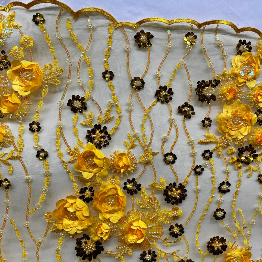 1 Yard Sparkling Beaded and Sequined 3D Floral Lace Fabric Embroidered on 100% Polyester Net Mesh White