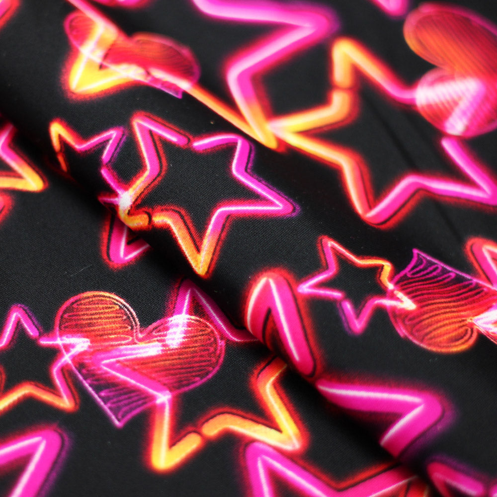 Vegas Nights Nylon Spandex Fabric - Black With Neon Stars And Hearts, 58/60" Width (1 Yard)