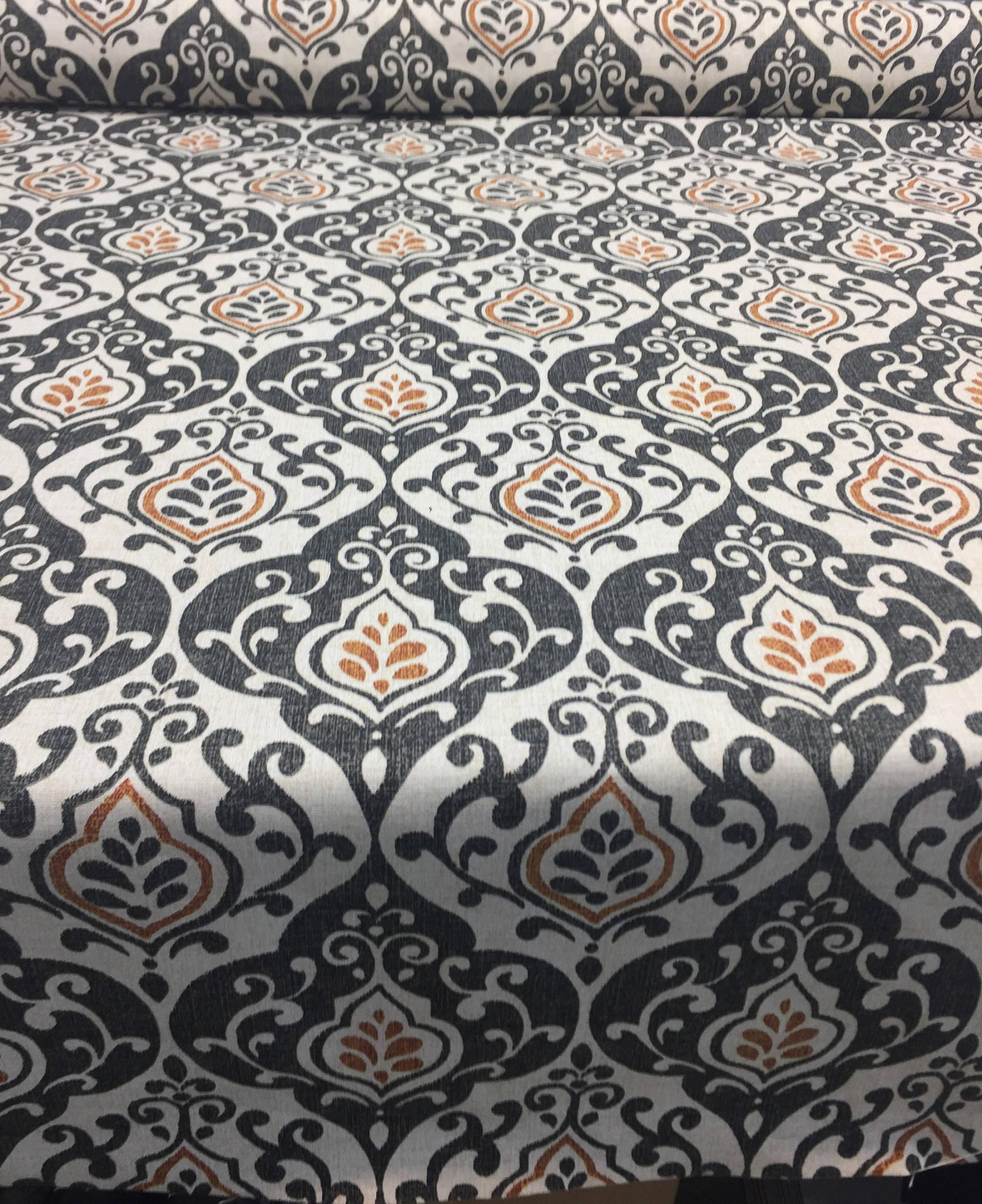 Reneta Damask Truffle Cotton Fabric - Black, White, Orange Damask, 56" Width (1 Yard)