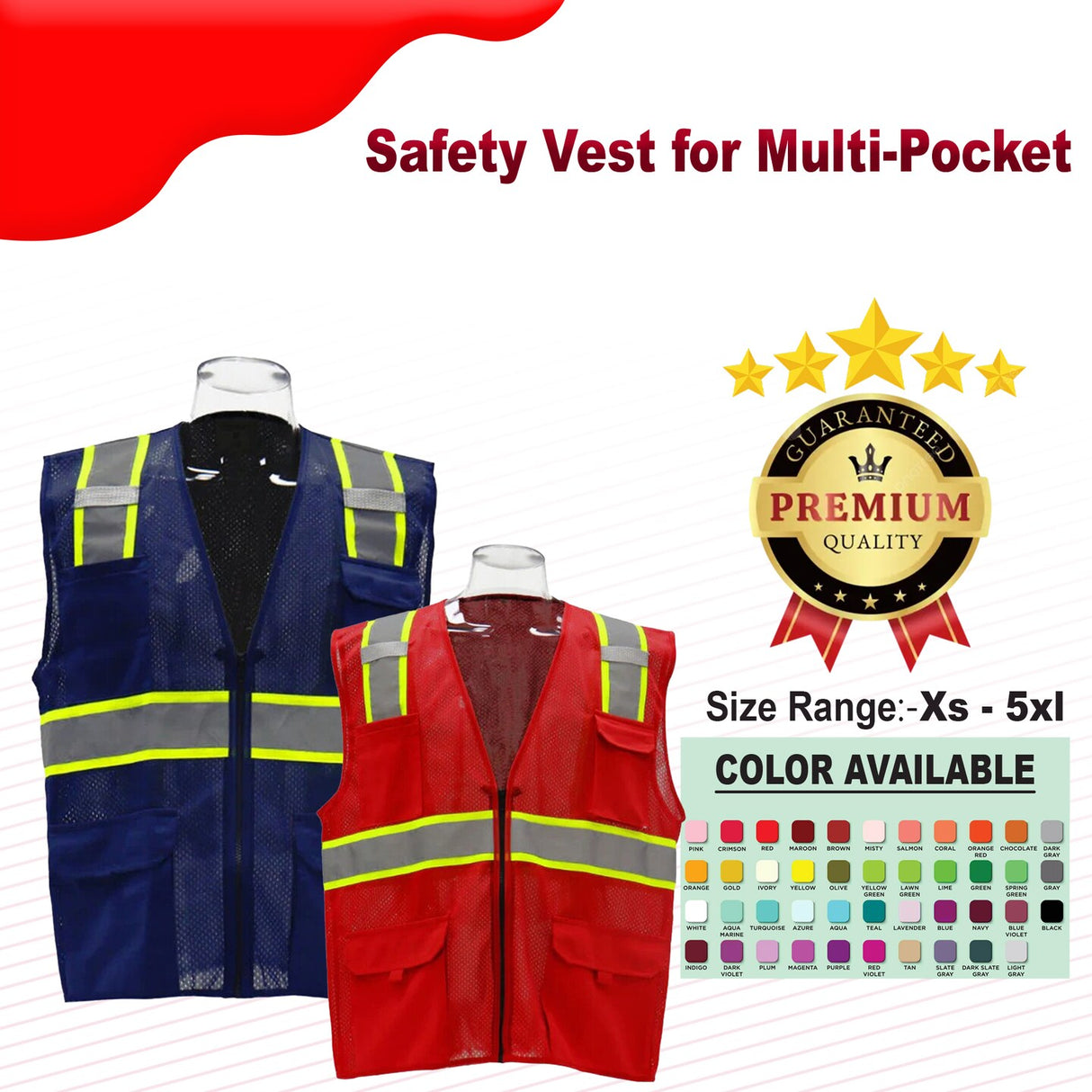 RADYAN® High Visibility Multi Pocket Safety Vest with Reflective Stripes Zipper Front