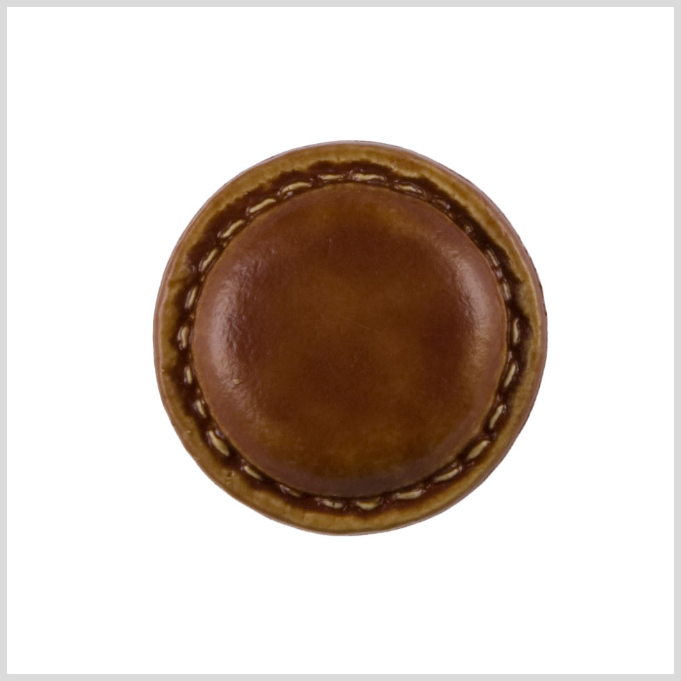 Plastic Shank Back Button - 40L/25.5mm - Light Brown Faux Leather with Stitched Rim