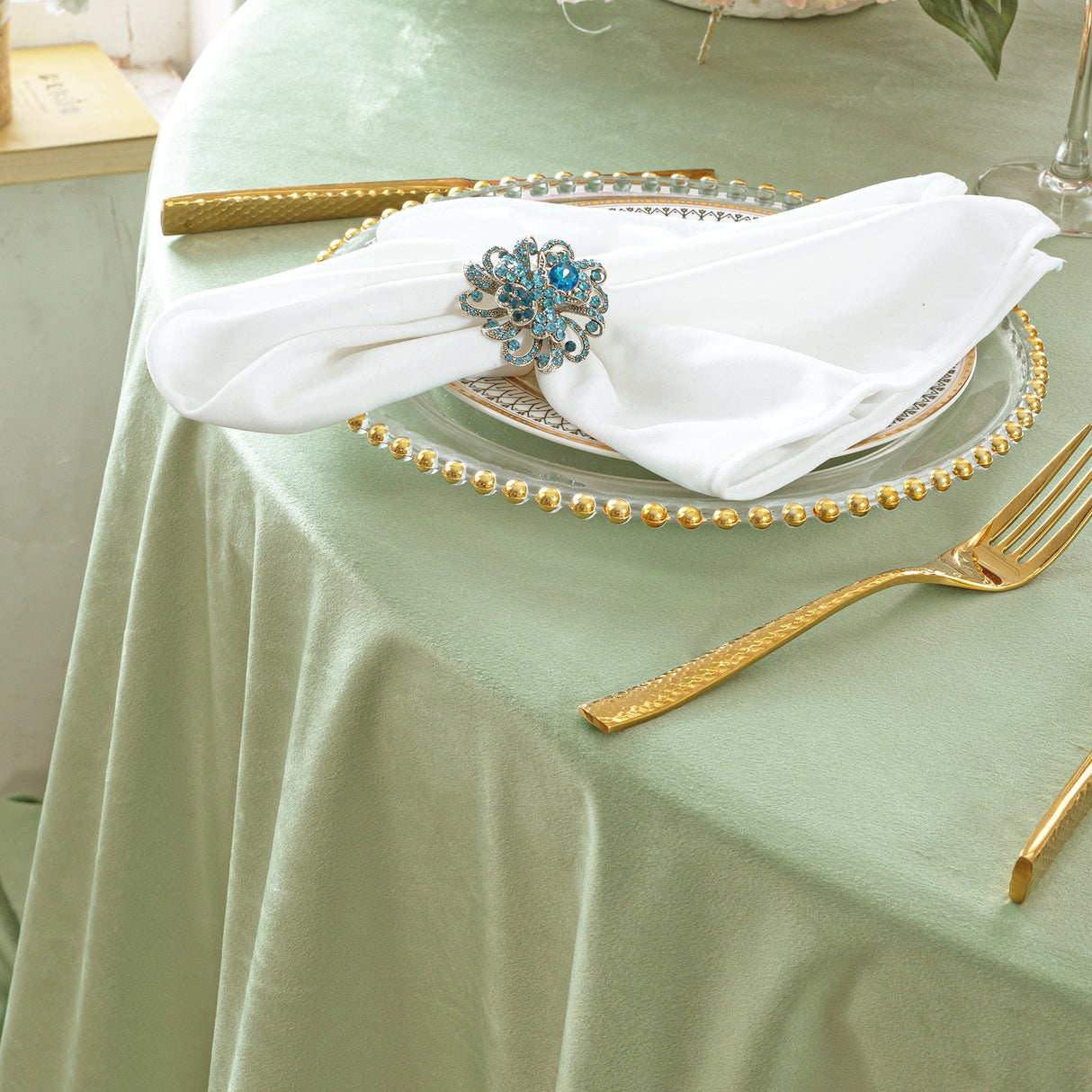 Round Velvet Tablecloth 132 Inch Sage Green