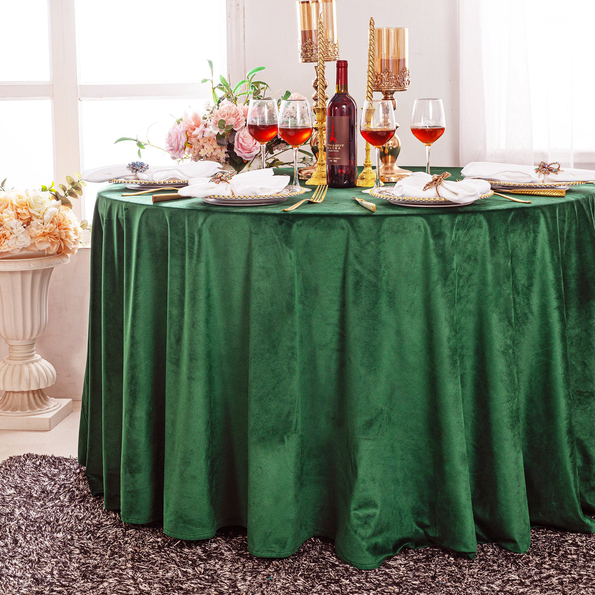 Round Holland Velvet Tablecloth 132" Emerald Green