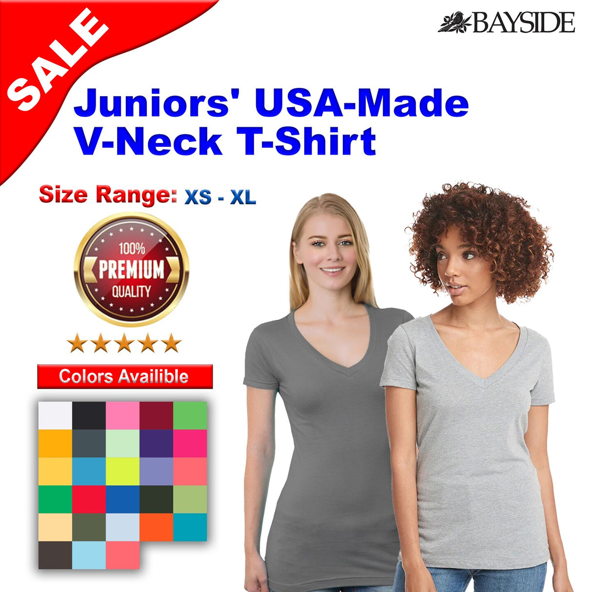 Bayside® Juniors' USA-Made V-Neck T-Shirt