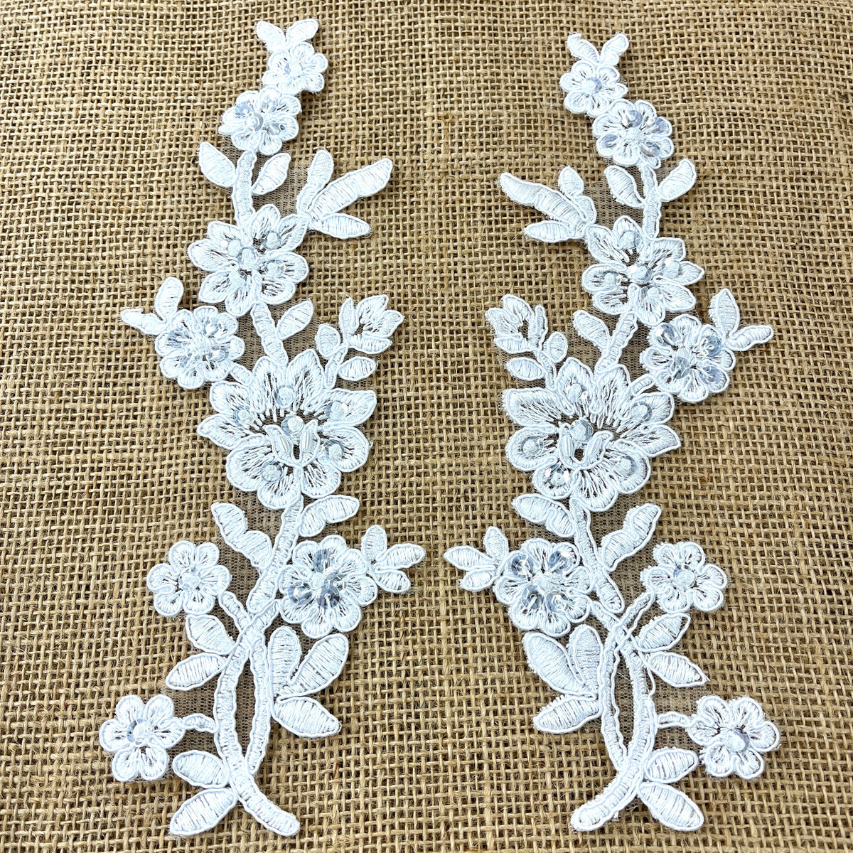 1 Yard Beaded & Corded Floral Lace Applique Embroidered on 100% Polyester Net Mesh 10" X 2" Each Side