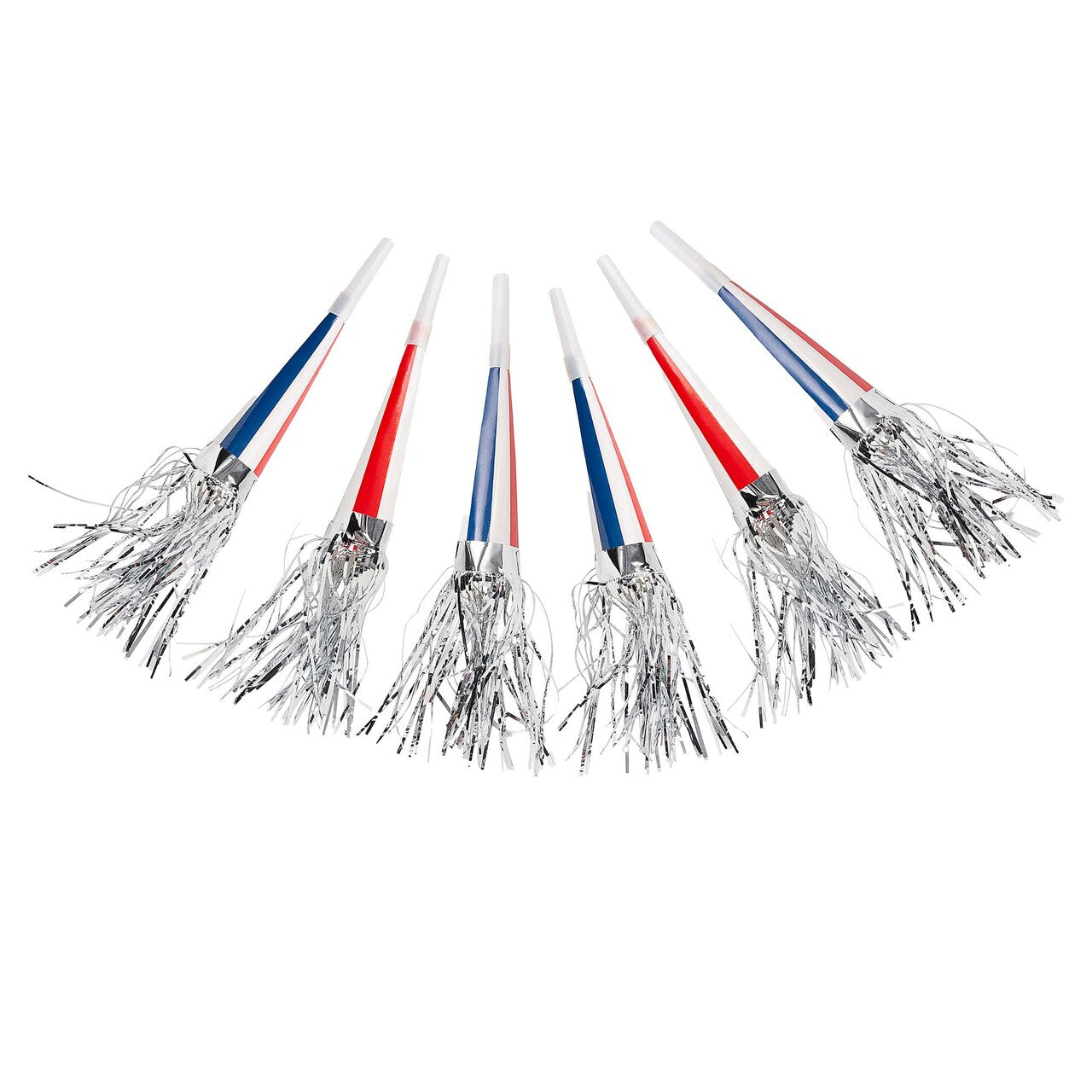 7 1/2" Patriotic Red, White & Blue Fringe Horn with Silver Fringe 12 Pc.