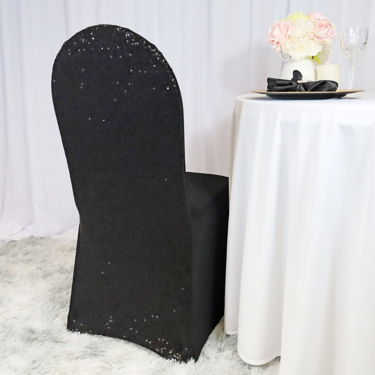 1 Piece Black Sequin Spandex Chair Cover Elegant Stretch Fit for Banquet Events