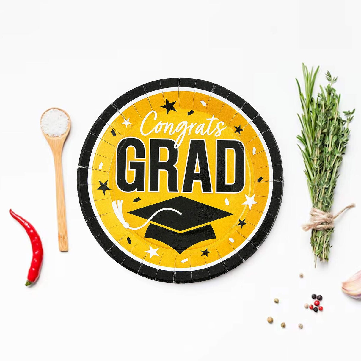 25 Count Yellow Graduation Party Paper Plates 9 Inch Round Congrats Grad Supplies