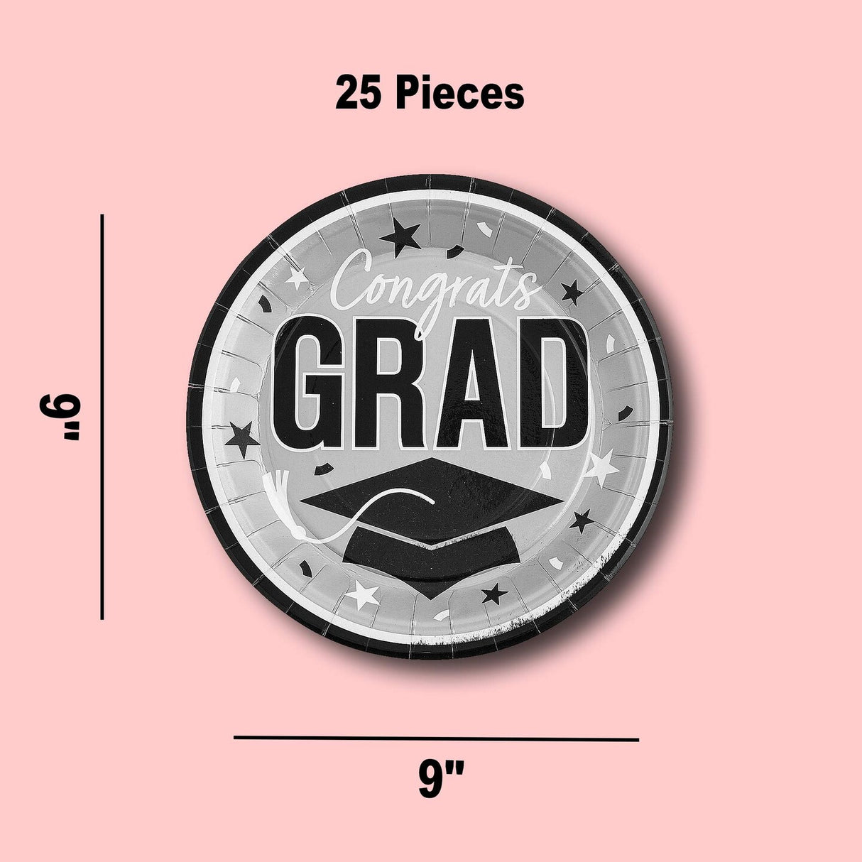25 Count Silver Graduation Plates 9 Inch Round Congrats Grad Design for Party Decor