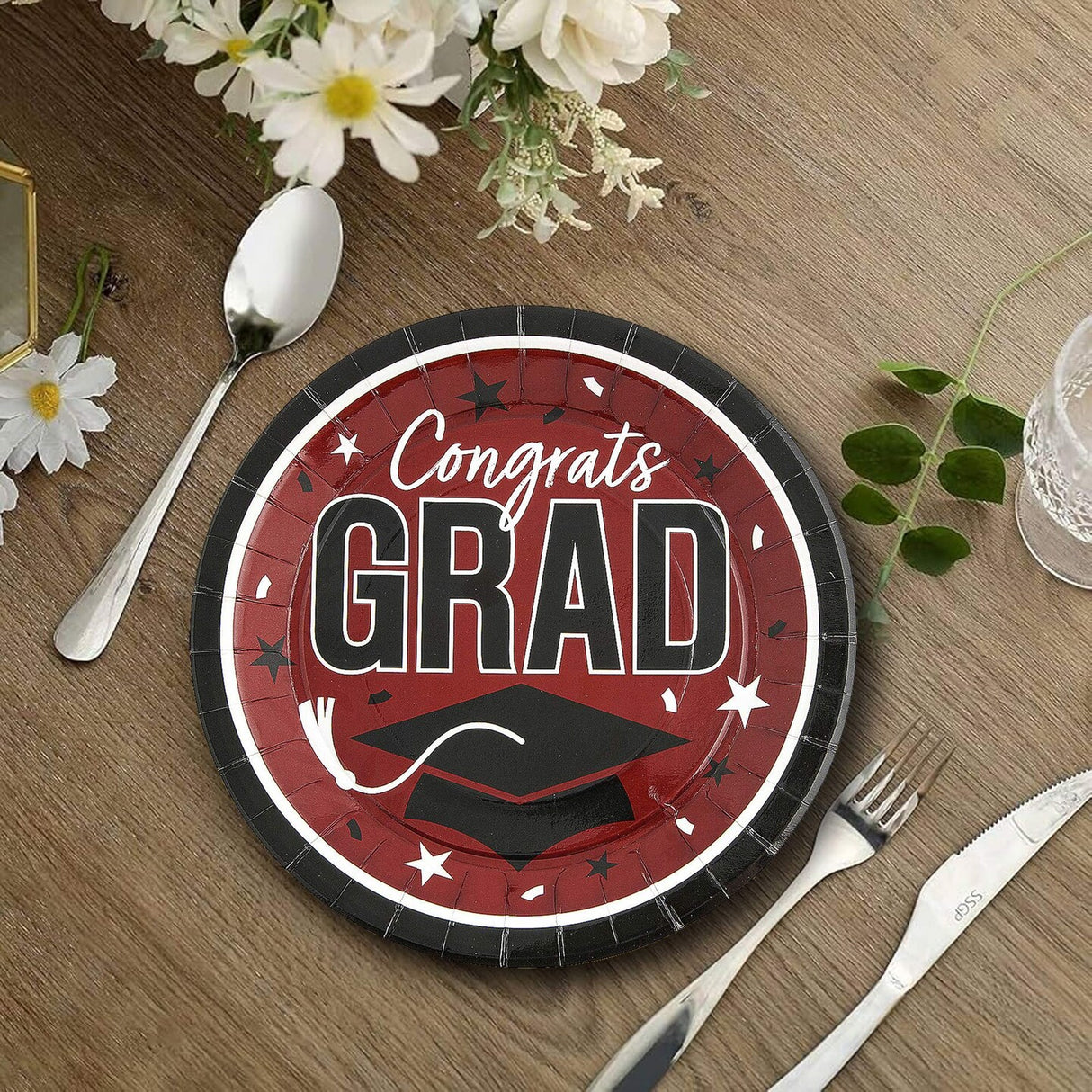 25 Count Burgundy Congrats Grad 9 Inch Round Paper Plates for Elegant Graduation Decor