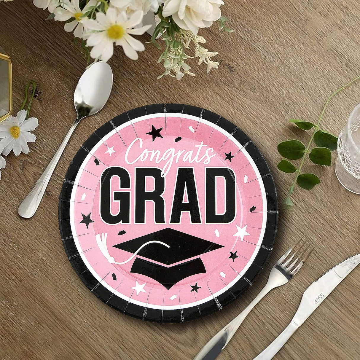 25 Count Pink Congrats Grad Paper Plates 9 Inch Round for Graduation Party Supplies