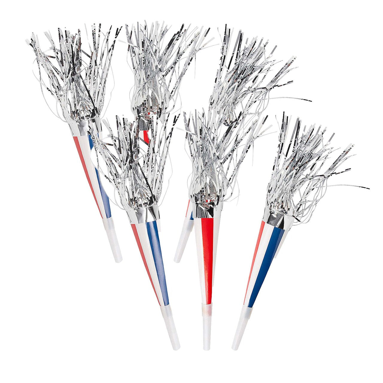 7 1/2" Patriotic Red, White & Blue Fringe Horn with Silver Fringe 12 Pc.