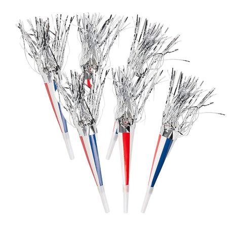 7 1/2" Patriotic Red, White & Blue Fringe Horn with Silver Fringe 12 Pc.