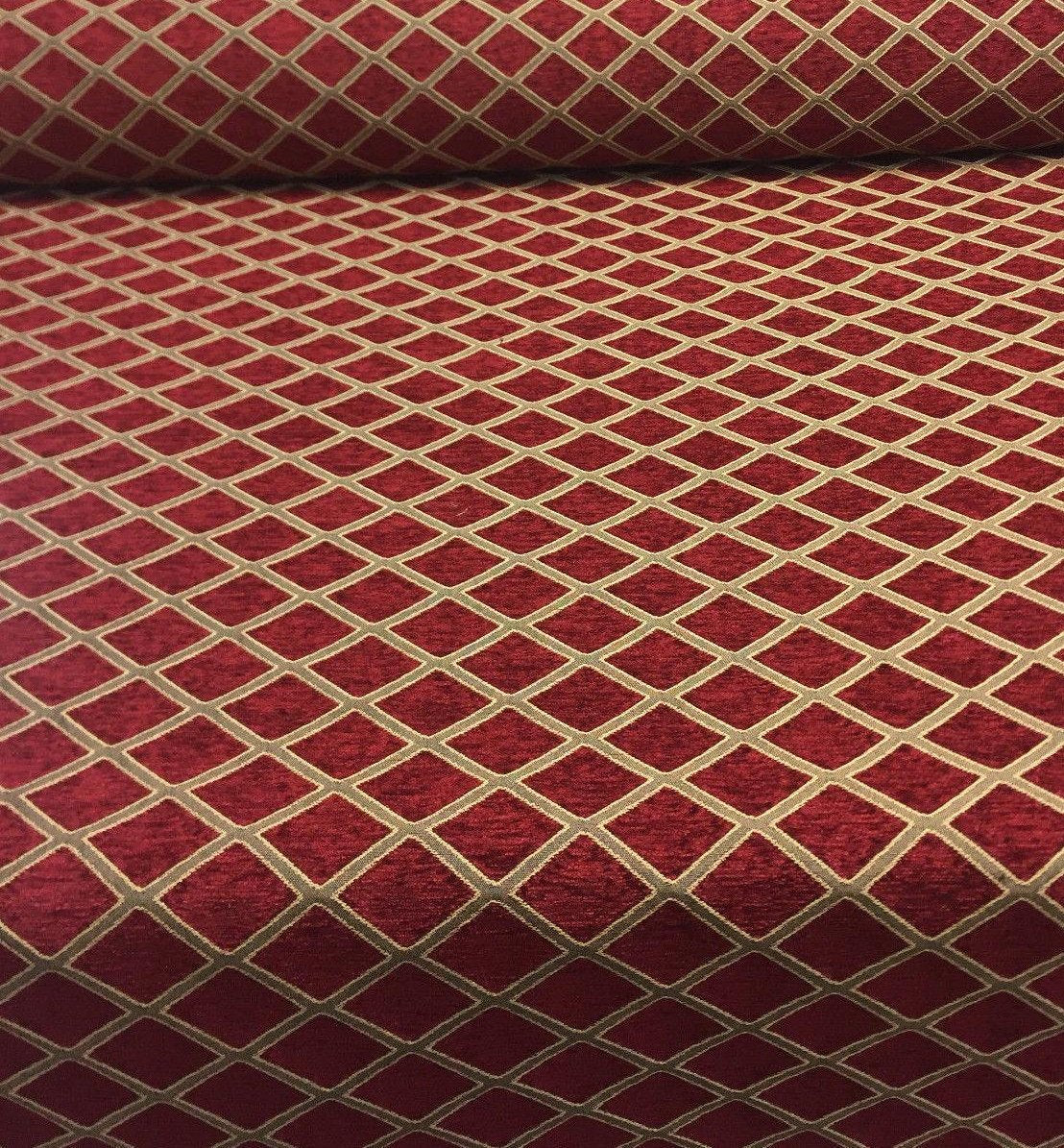 Cleopatra Chenille Upholstery Fabric - Diamond Ruby Red Gold Print, 56" Width (By The Yard)