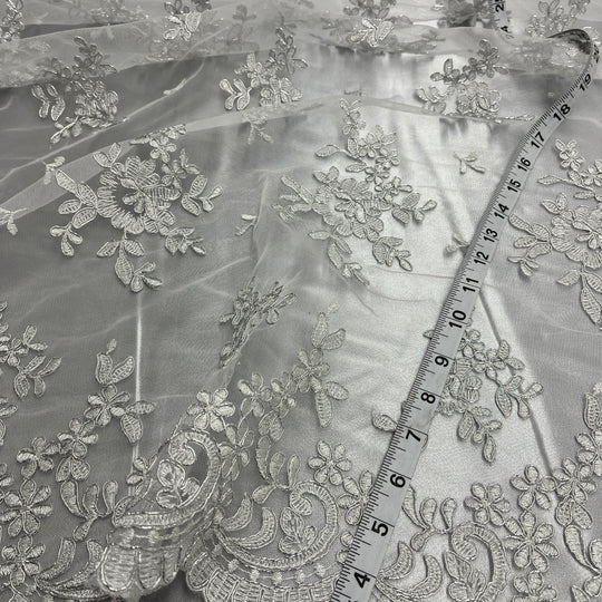 1 Yard Corded Bridal Lace Fabric Embroidered on 100% Polyester Net Mesh – Silver – 53"