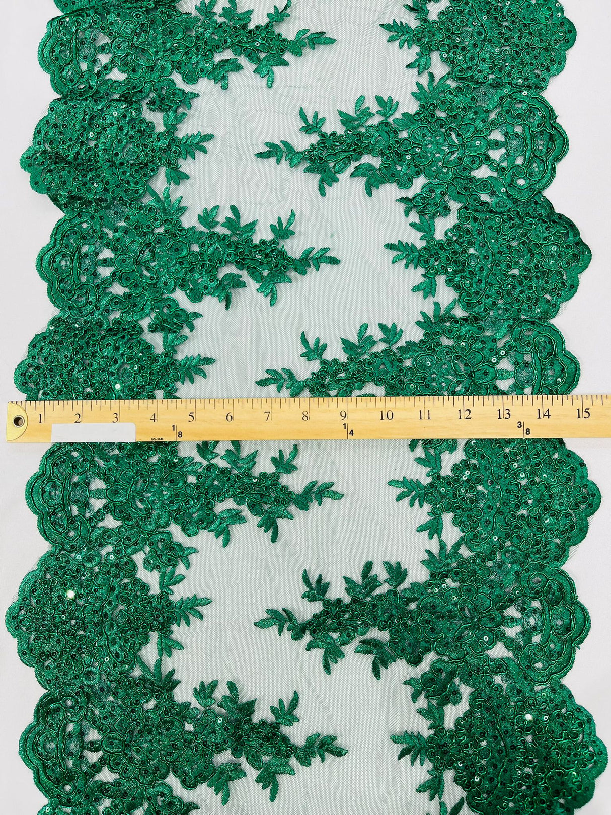 14" Wide Sequins Metallic Trim Lace On Mesh Fabric - Embroidered Sequins, Scalloped Double Border, 14" Width (1 Yard)