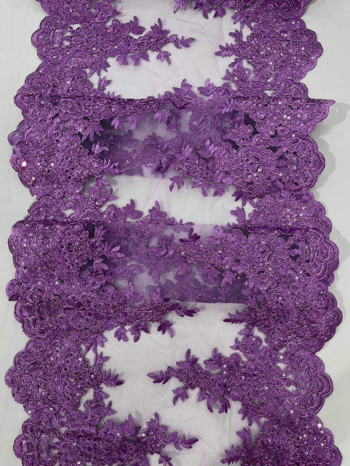 14" Wide Sequins Metallic Trim Lace On Mesh Fabric - Embroidered Sequins, Scalloped Double Border, 14" Width (1 Yard)