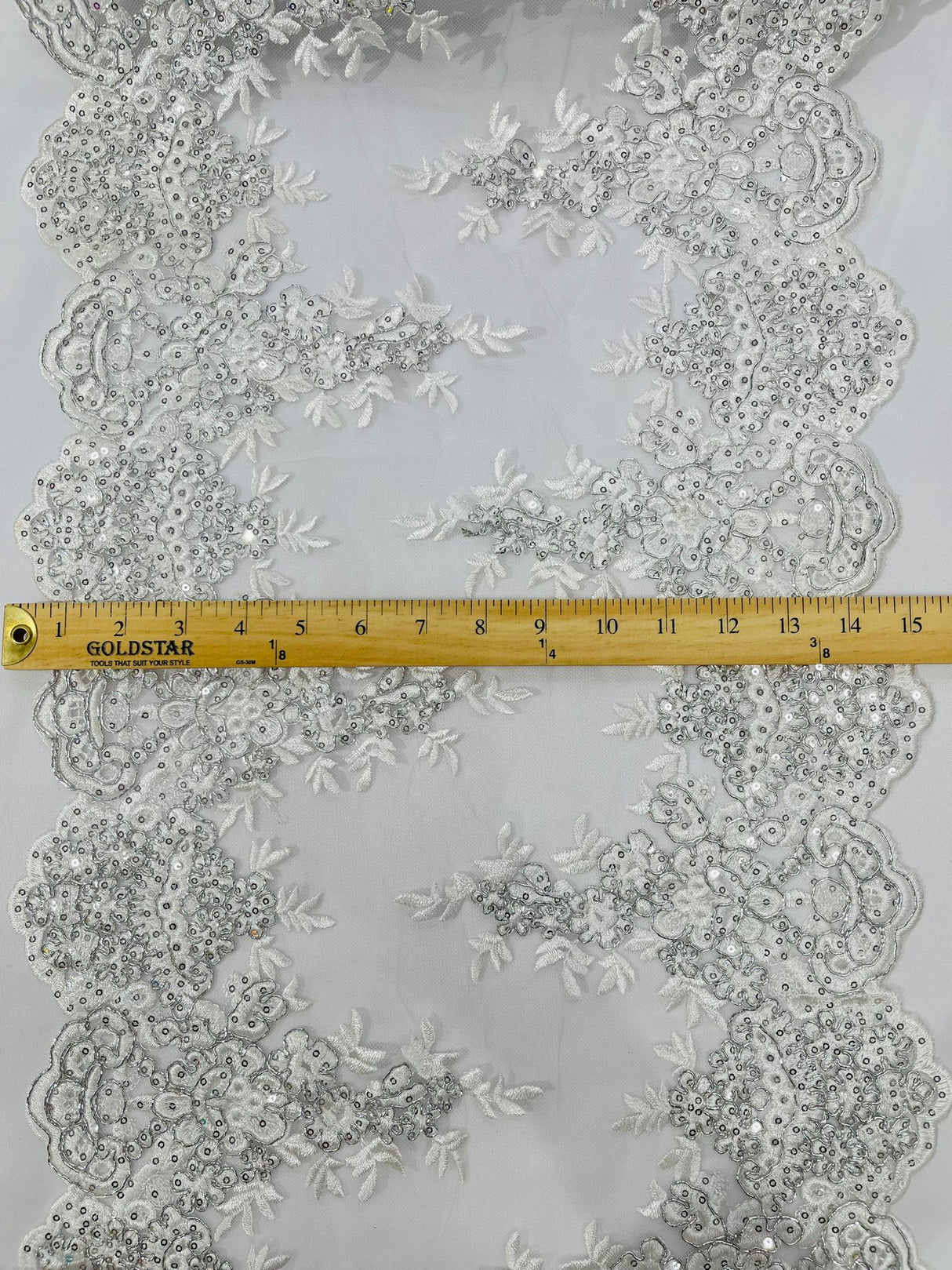 14" Wide Sequins Metallic Trim Lace On Mesh Fabric - Embroidered Sequins, Scalloped Double Border, 14" Width (1 Yard)
