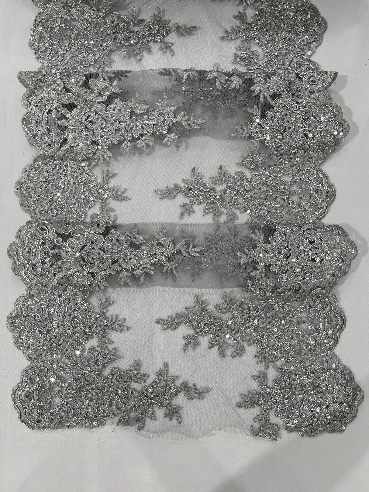 14" Wide Sequins Metallic Trim Lace On Mesh Fabric - Embroidered Sequins, Scalloped Double Border, 14" Width (1 Yard)