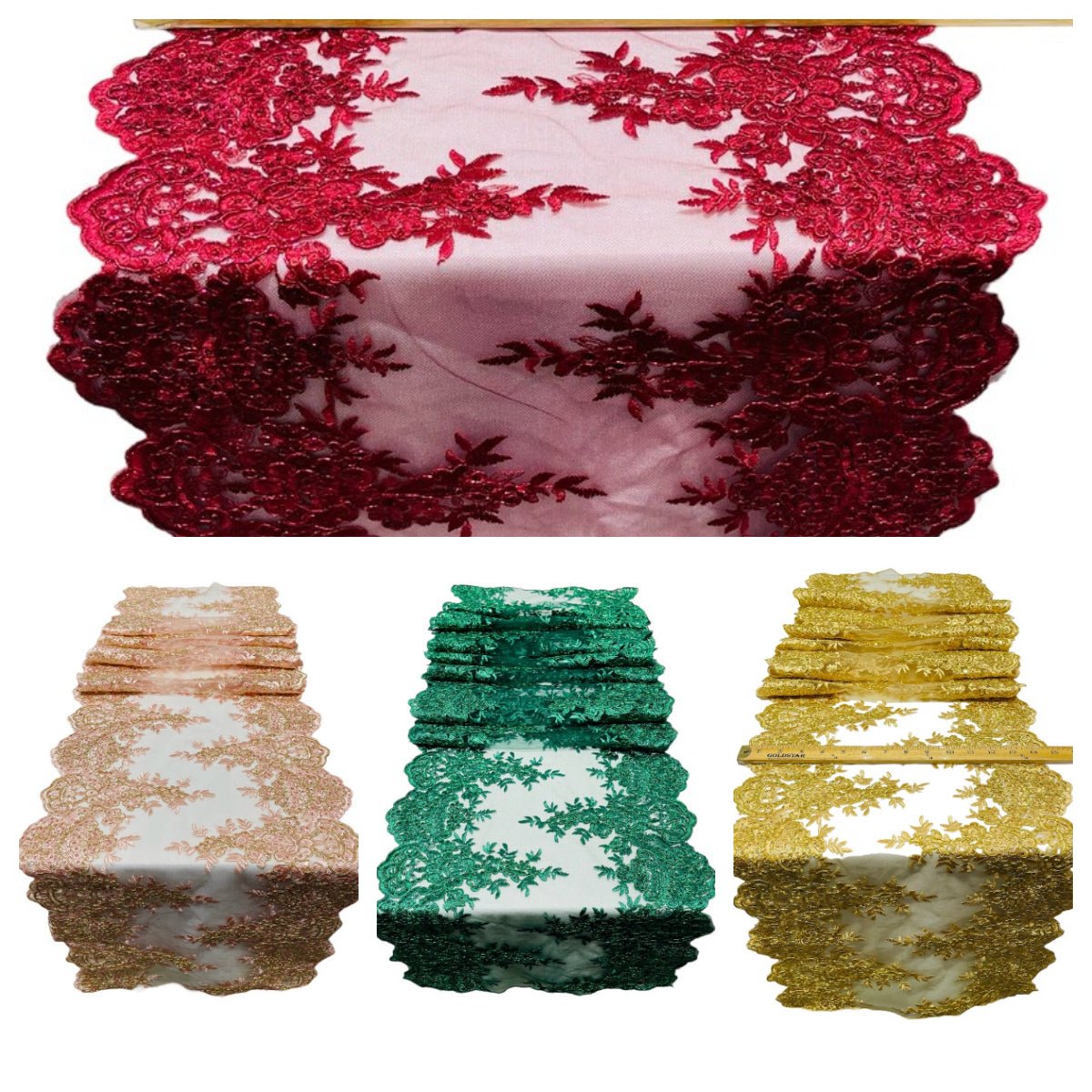 14" Wide Sequins Metallic Trim Lace On Mesh Fabric - Embroidered Sequins, Scalloped Double Border, 14" Width (1 Yard)