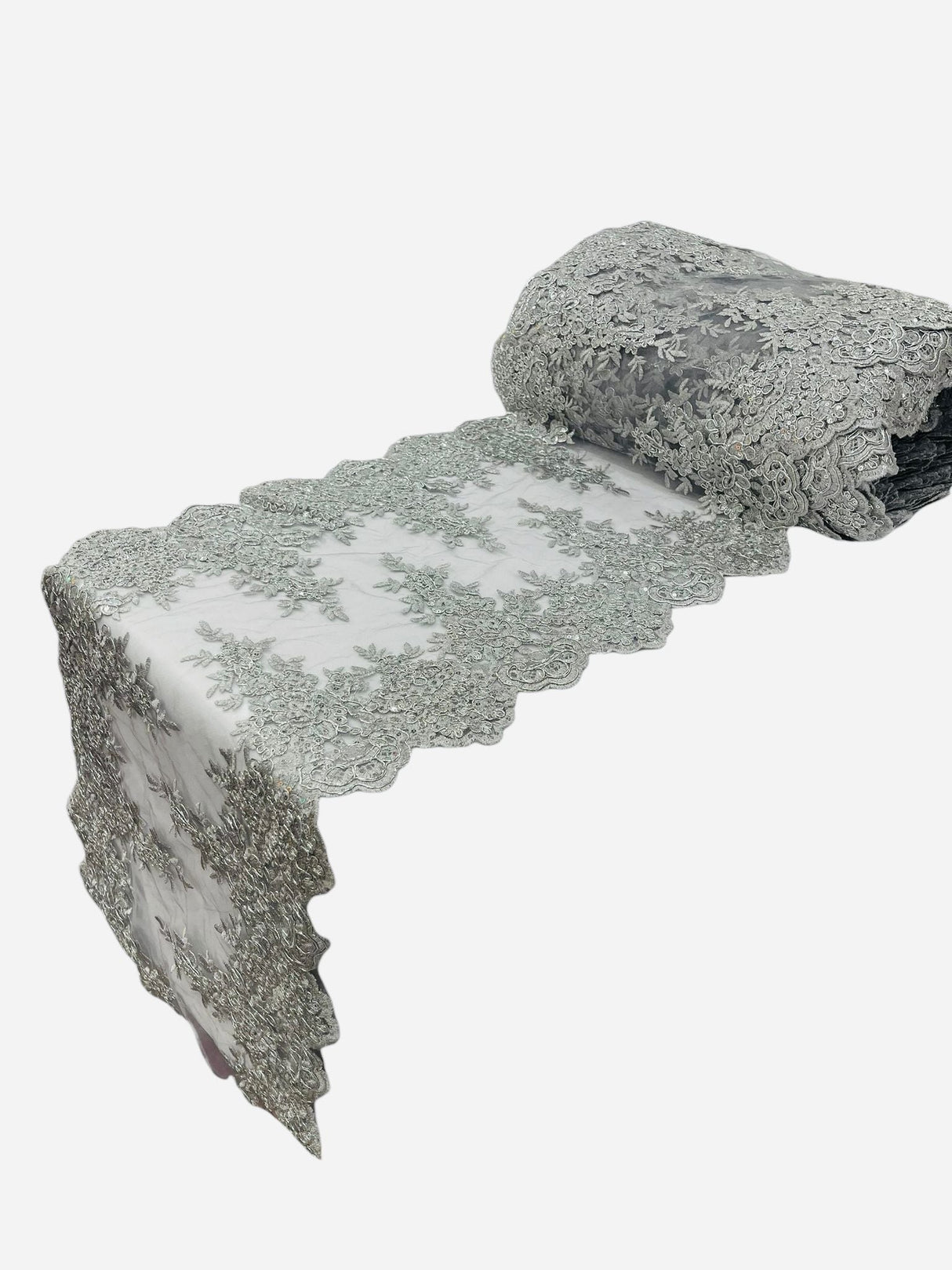 Lace Table Runner Fabric - Embroidered Sequined Metallic Appliques, Scalloped Double Border, 14" Width X 90" Length (1 Piece)