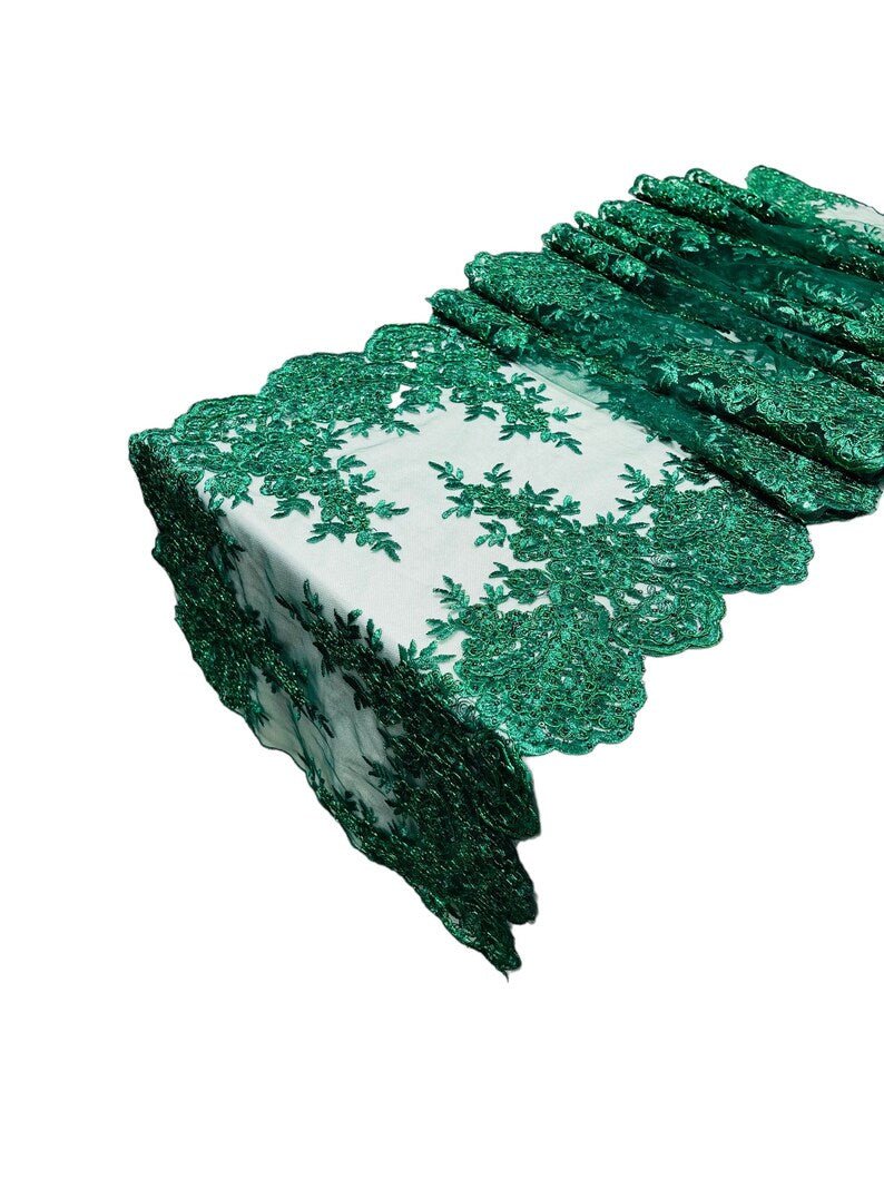 Lace Table Runner Fabric - Embroidered Sequined Metallic Appliques, Scalloped Double Border, 14" Width X 90" Length (1 Piece)