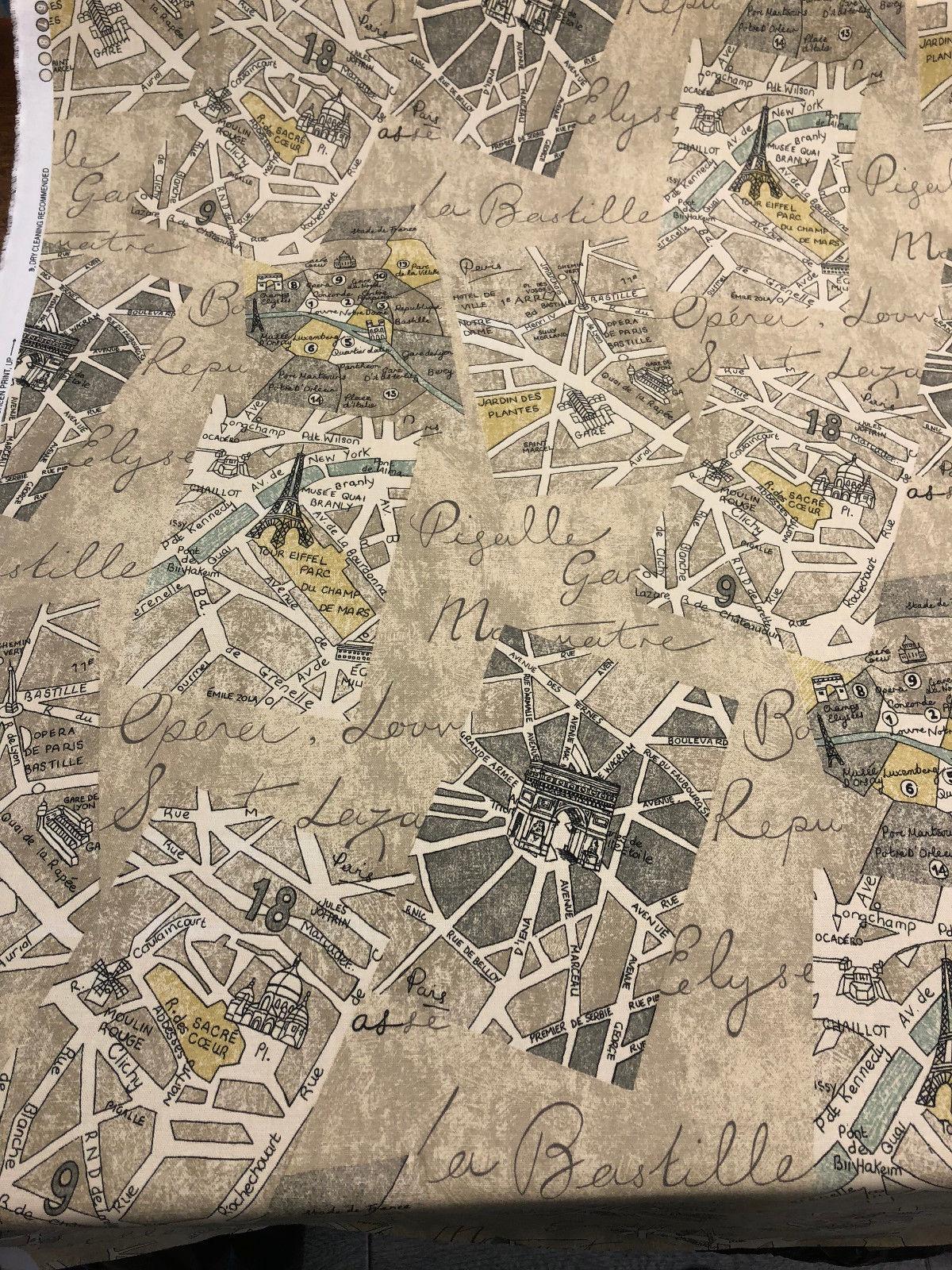 Waverly Mapped Out SD Graphite Paris 100 Percent Cotton Fabric - Pewter Grey, Blue Grey, Oyster White, Stone Grey, Black, Paris Bistro Print, 54" Width (1 Yard)