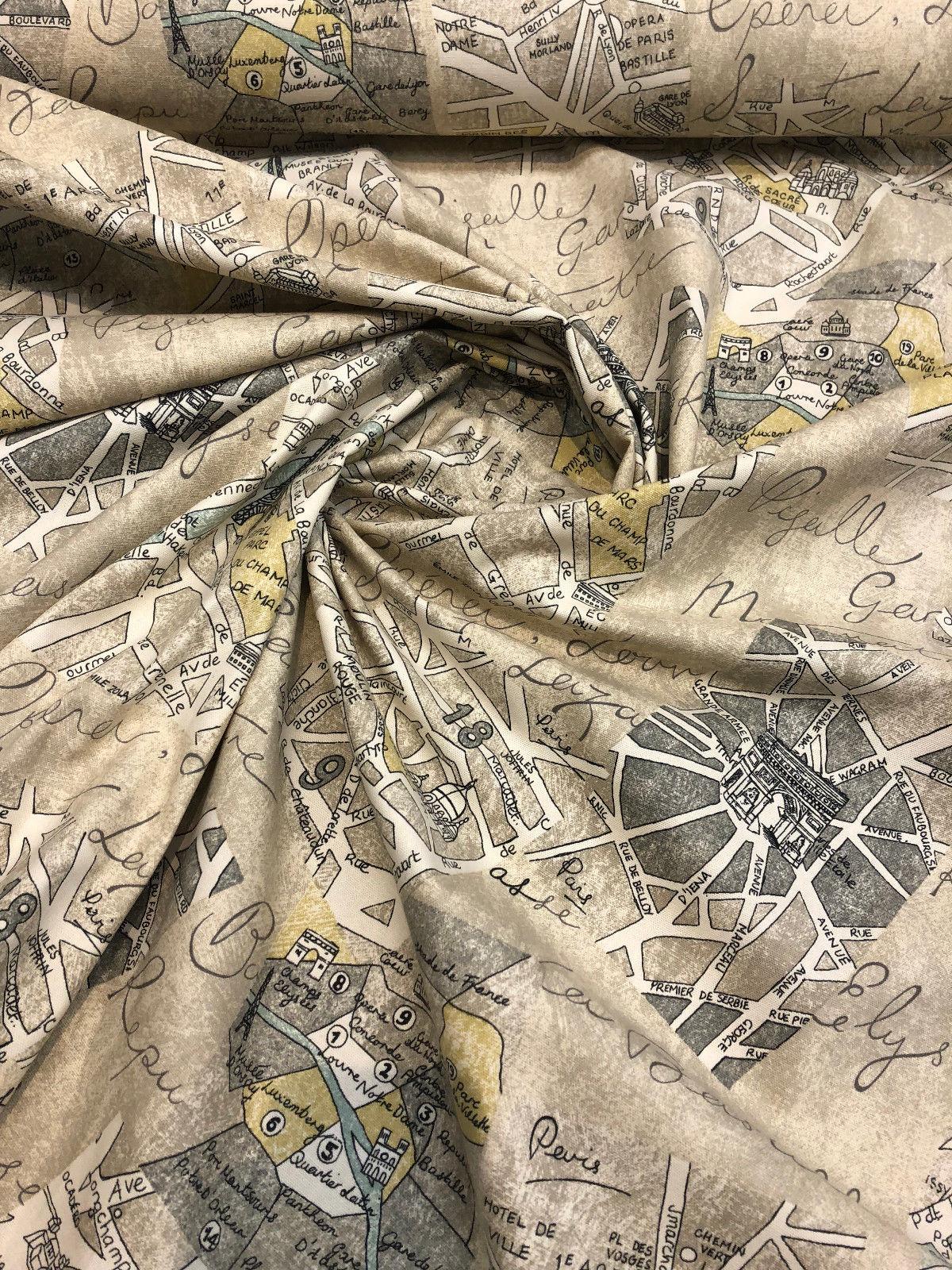Waverly Mapped Out SD Graphite Paris 100 Percent Cotton Fabric - Pewter Grey, Blue Grey, Oyster White, Stone Grey, Black, Paris Bistro Print, 54" Width (1 Yard)