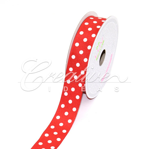 7/8" Grosgrain White Polka Dots Ribbon - 10 Yards (Red)