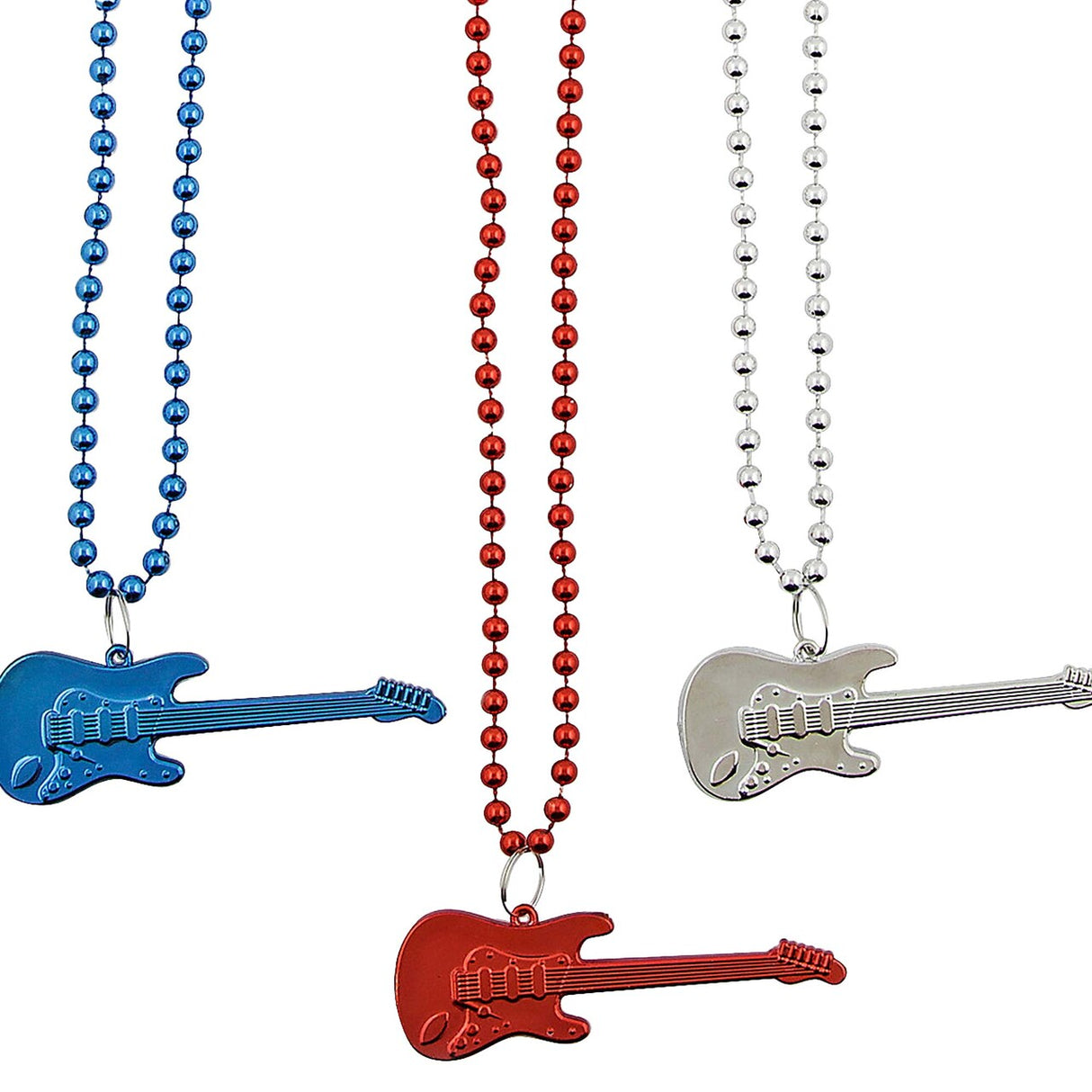 30" Patriotic Red, White & Blue Plastic Bead Necklaces with Guitar 12 Pc.