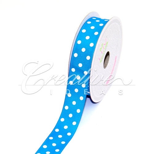 7/8" Grosgrain White Polka Dots Ribbon - 10 Yards (Turquoise)
