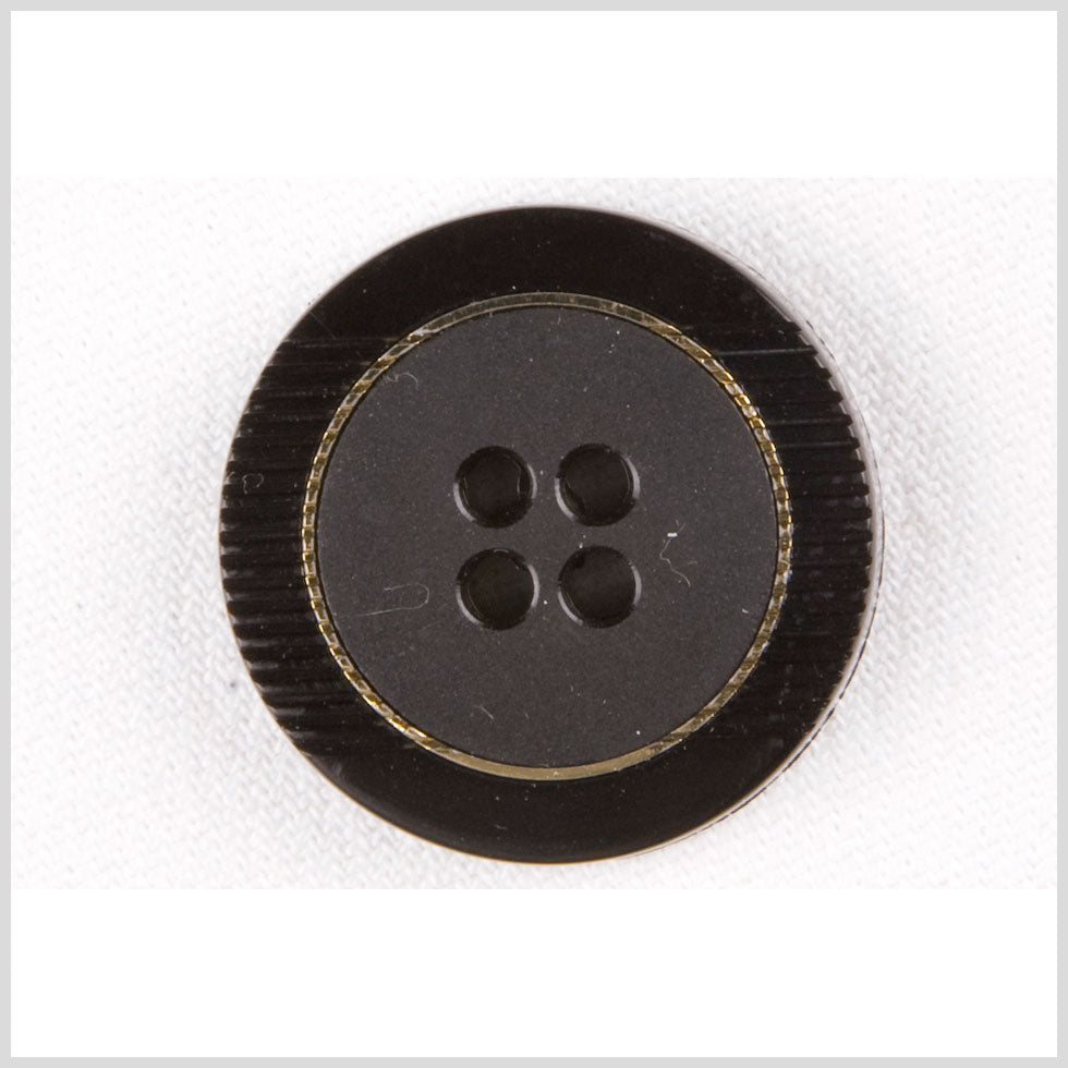 Plastic 4-Hole Button - 36L/23mm - Black Ribbed Rim and Gold Inlay