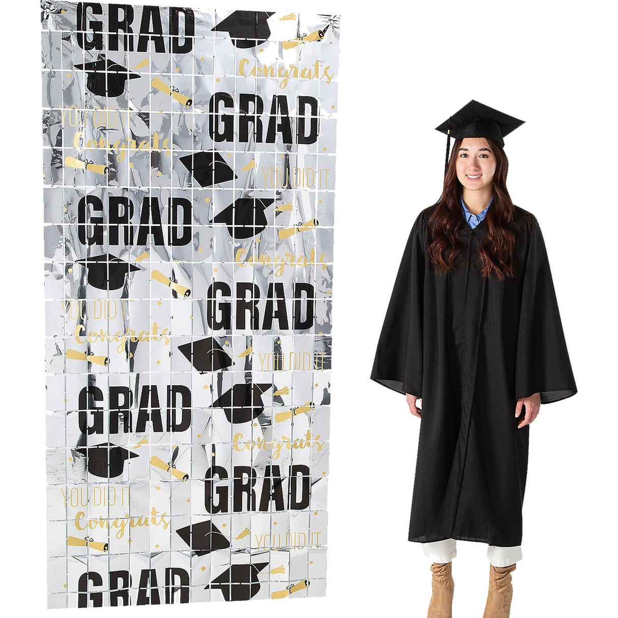 38" x 78" Metallic Silvertone Congrats Grad Mortarboard Curtain