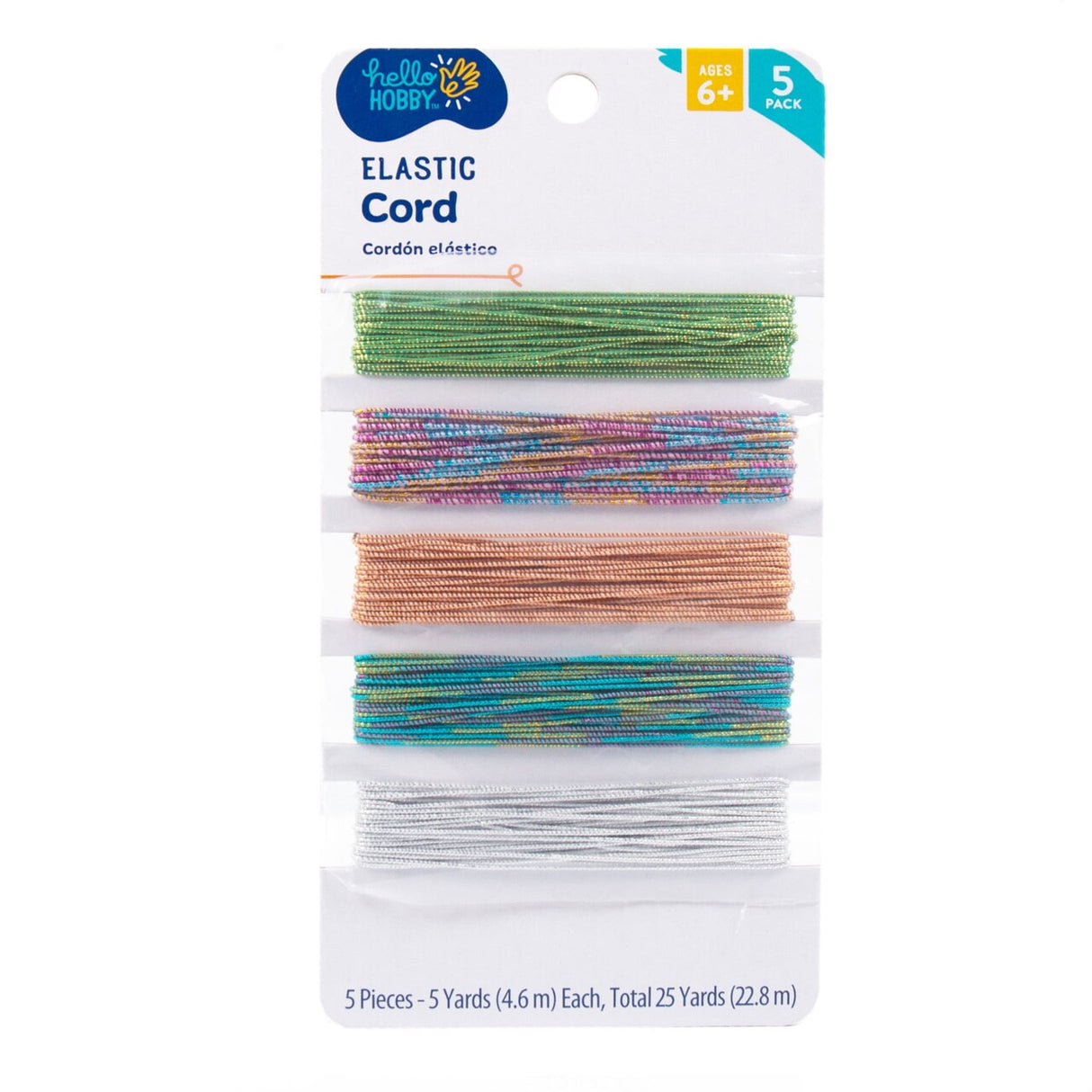 Hello Hobby Elastic Rubber Cord 5-Pack – Multicolor Sparkling Stretchy Nickel-Free, 25 ft Each on Card Holder