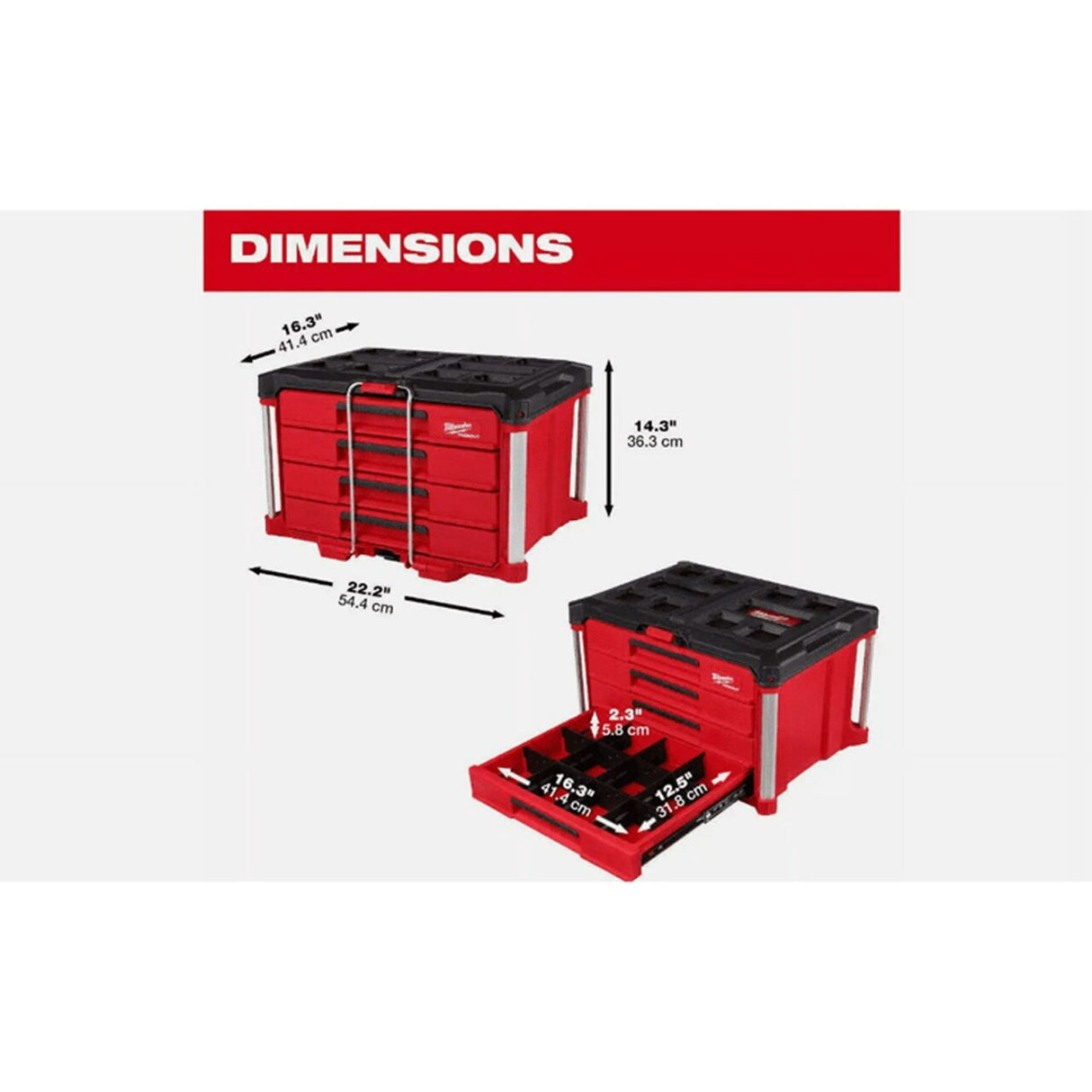 Milwaukee 48-22-8444 22" Modular 4-Drawer Tool Box – Heavy-Duty Storage with Metal Reinforced Corners, Red