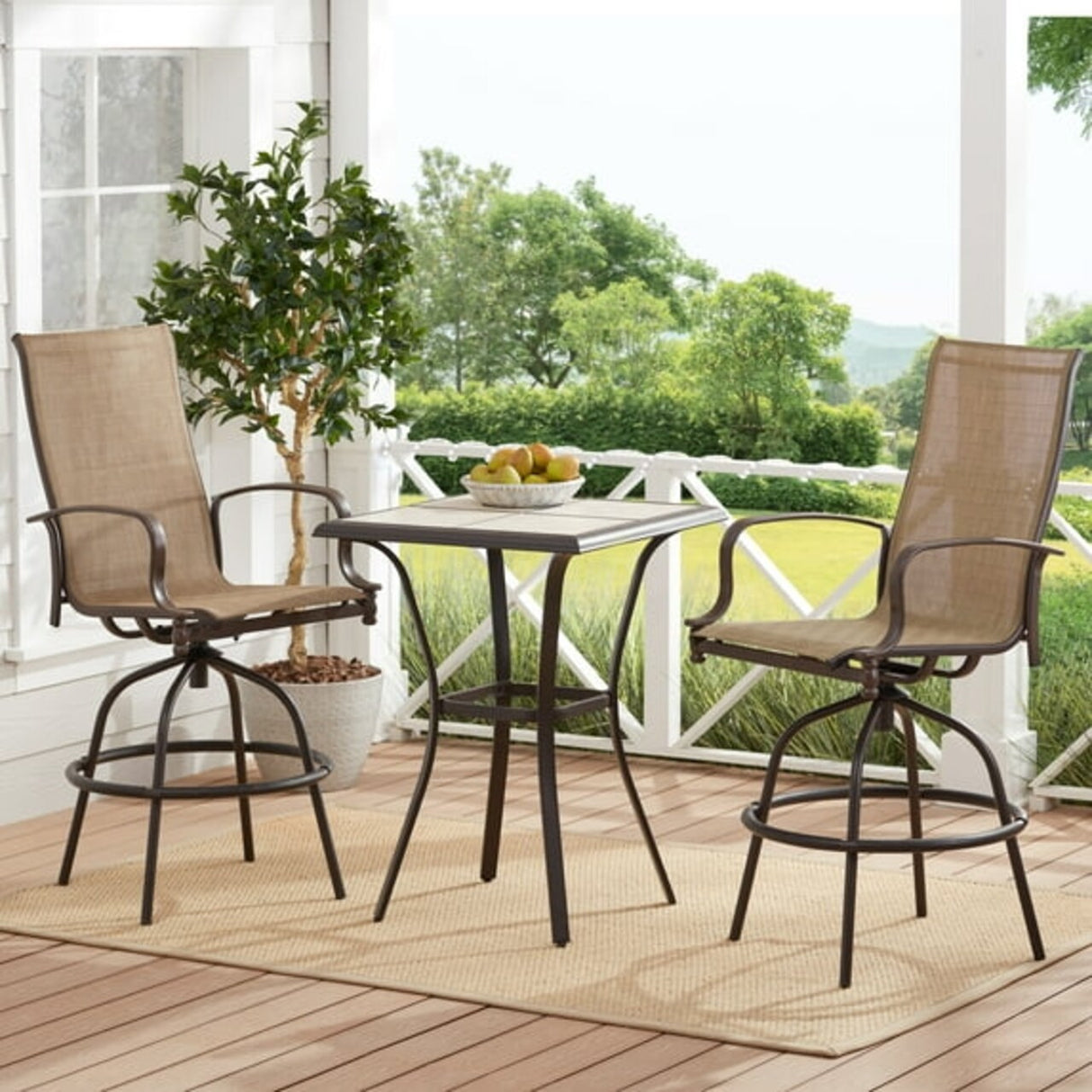 MFSTUDIO 3 Piece Outdoor Swivel Bar Set, Outdoor Bar Table and Chairs Set, Patio High Top Table and Chairs, Tall Bistro Set Patio Bar Height Table and 2 Chairs, Brown