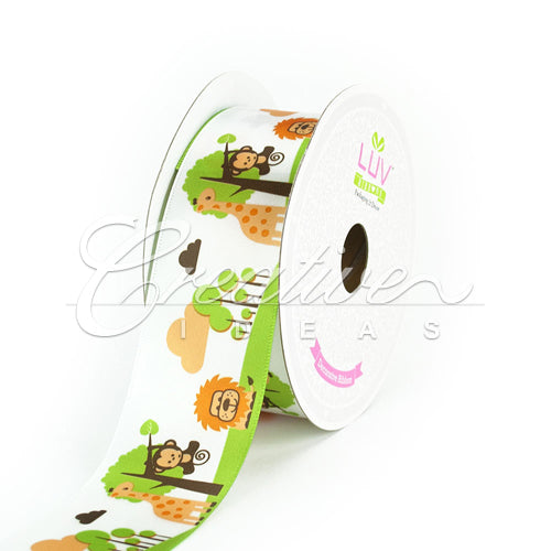 1 1/2" Satin Jungle Printed Ribbon - 10 Yards (White)
