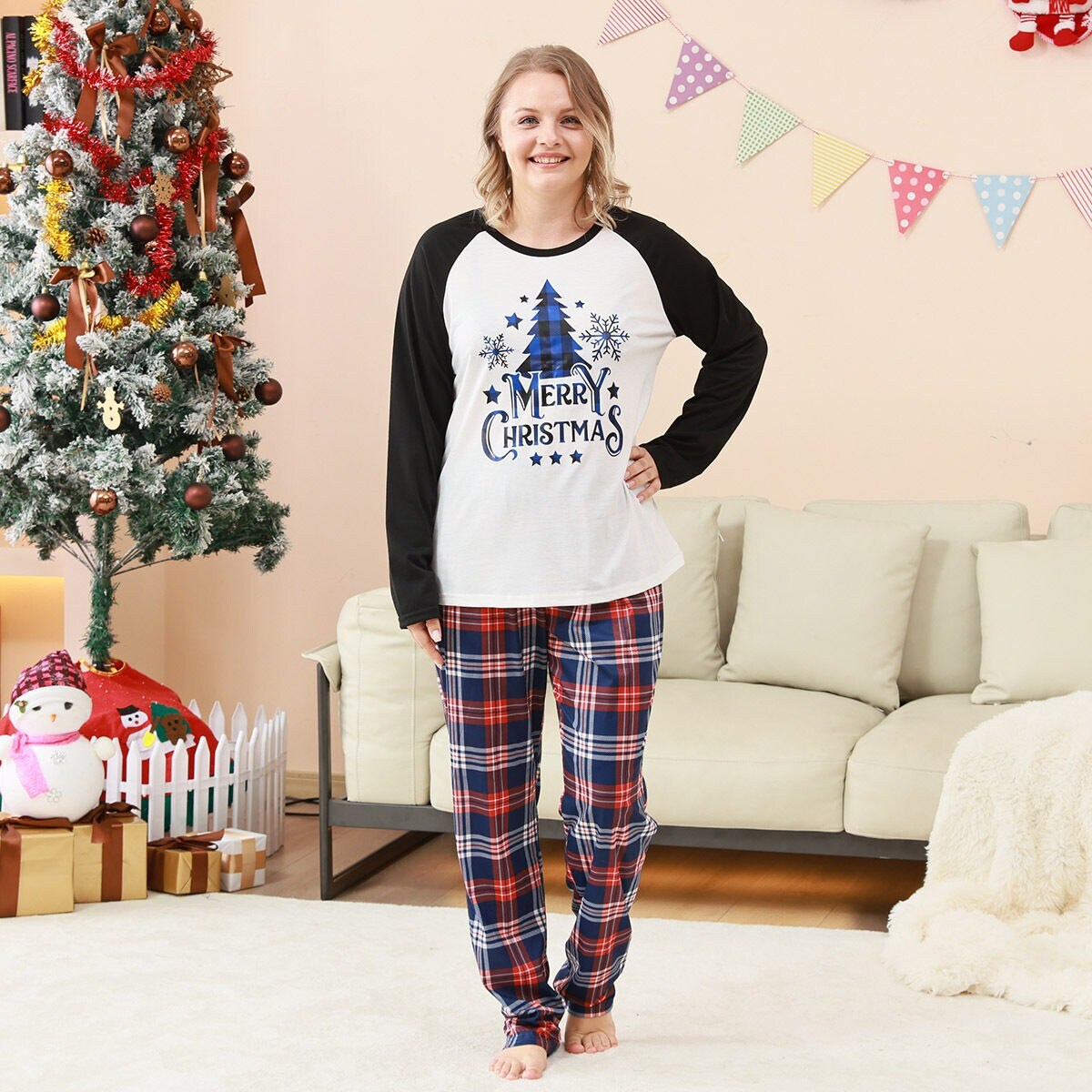 Christmas Outfits Pajamas Sets Plaid Splicing Printed