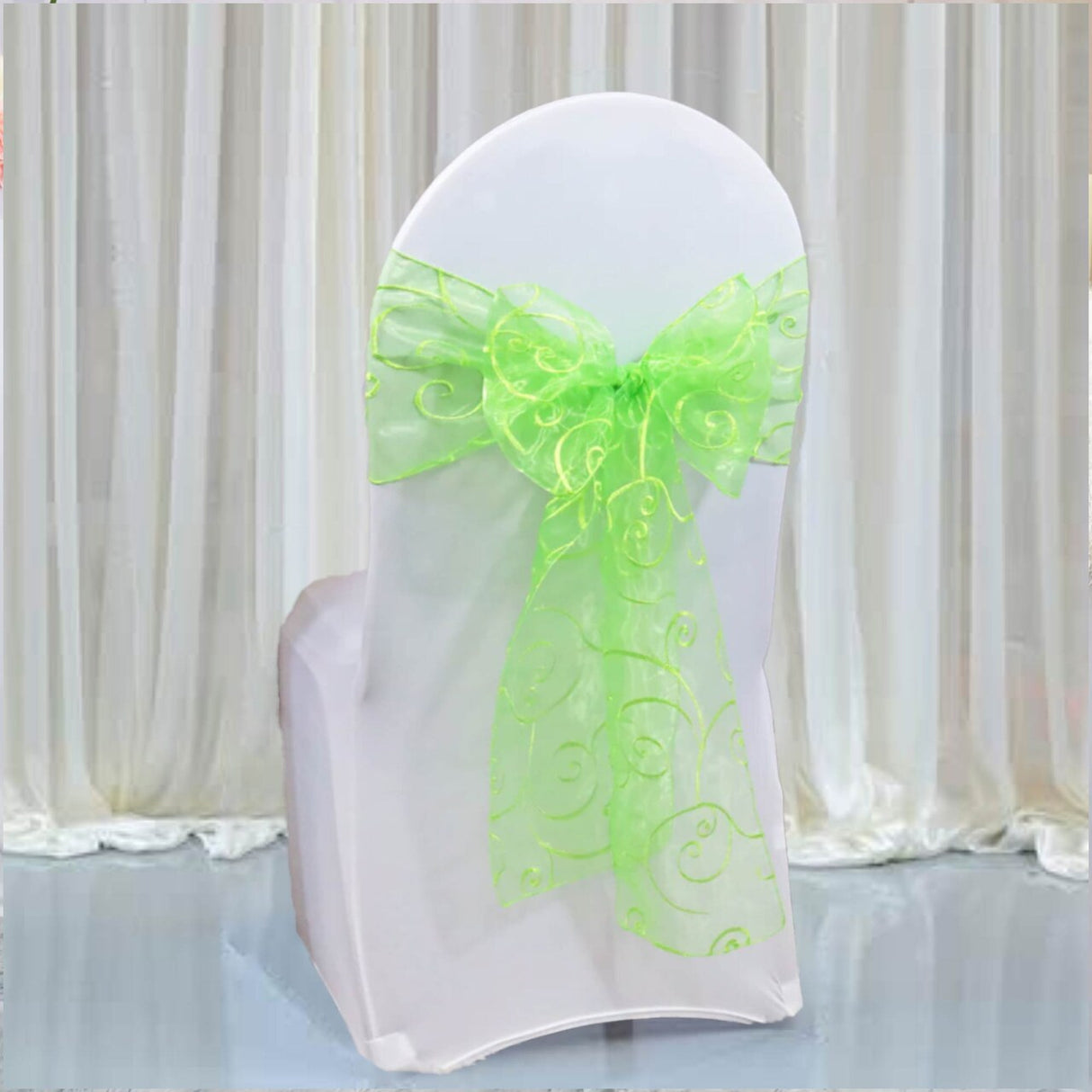 10 Pieces Apple Green Embroidered Sheer Organza Chair Sashes 8"x108" for Elegant Occasions