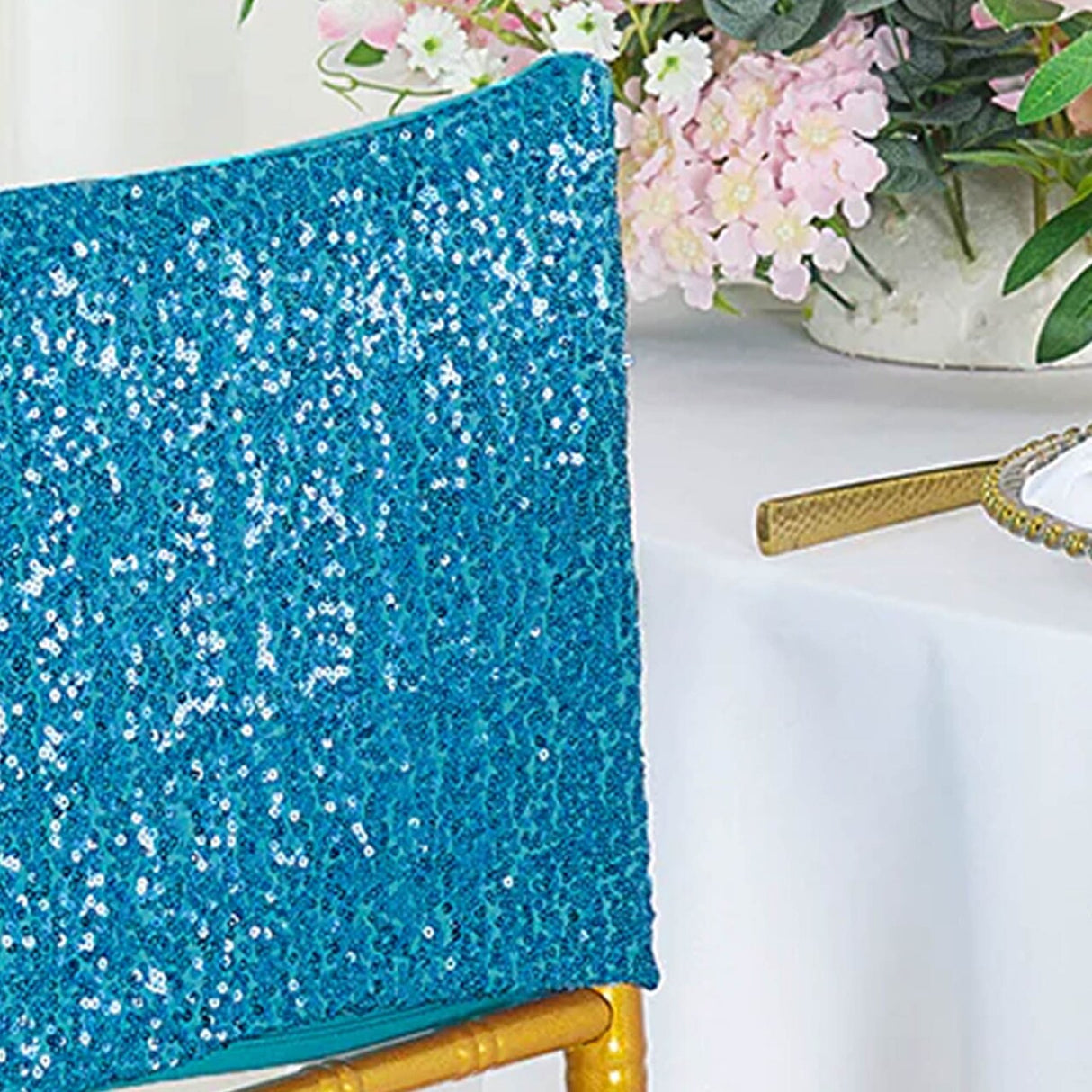 1 Piece Turquoise Sequin Spandex Chair Cap 13.5 inch by 10 inch Event Decoration