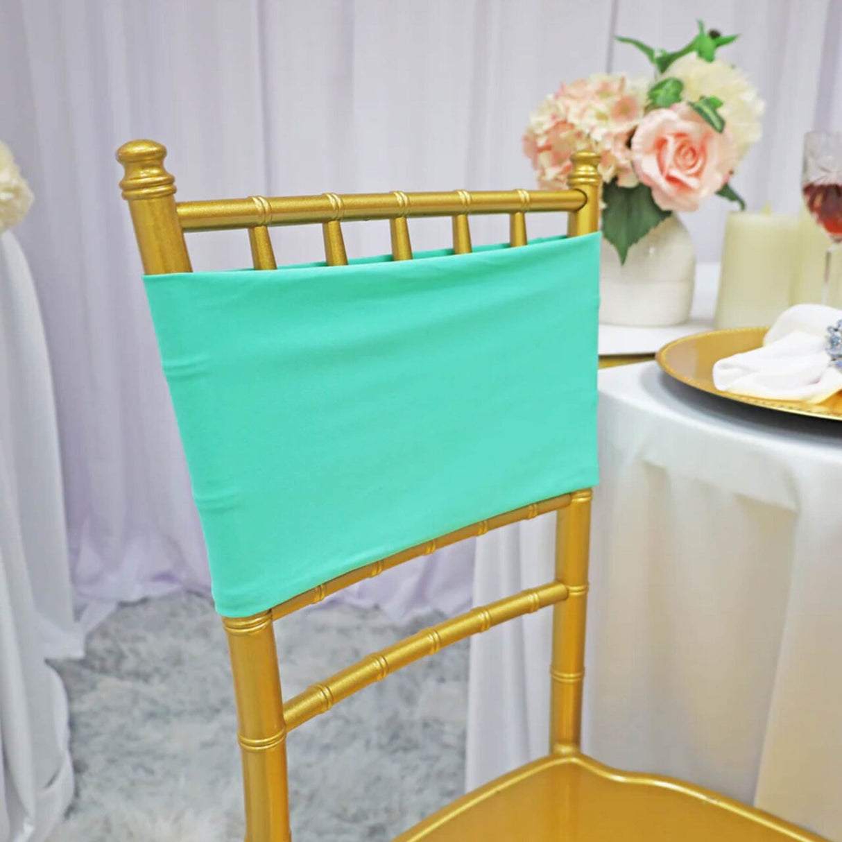 10 Pieces Bright Tiff Blue Or Aqua Blue Spandex Chair Bands 7 x 13 Inches