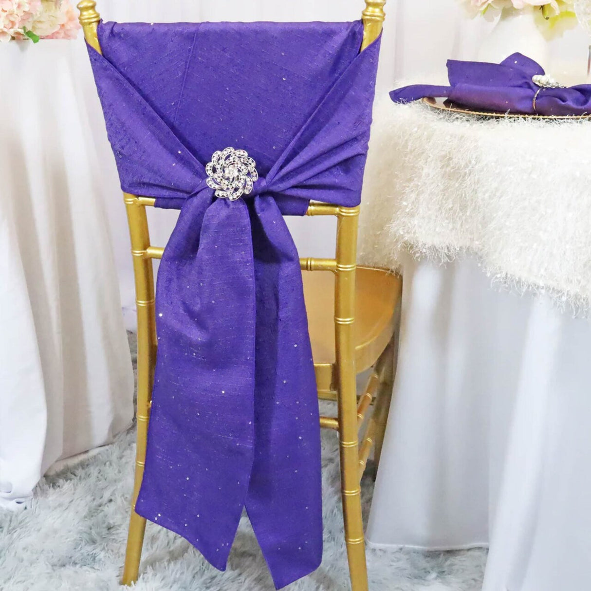 10 Pieces Regency Purple Sequin Burlap Chair Sashes, 8"x108" Rustic Glam Wedding Decor