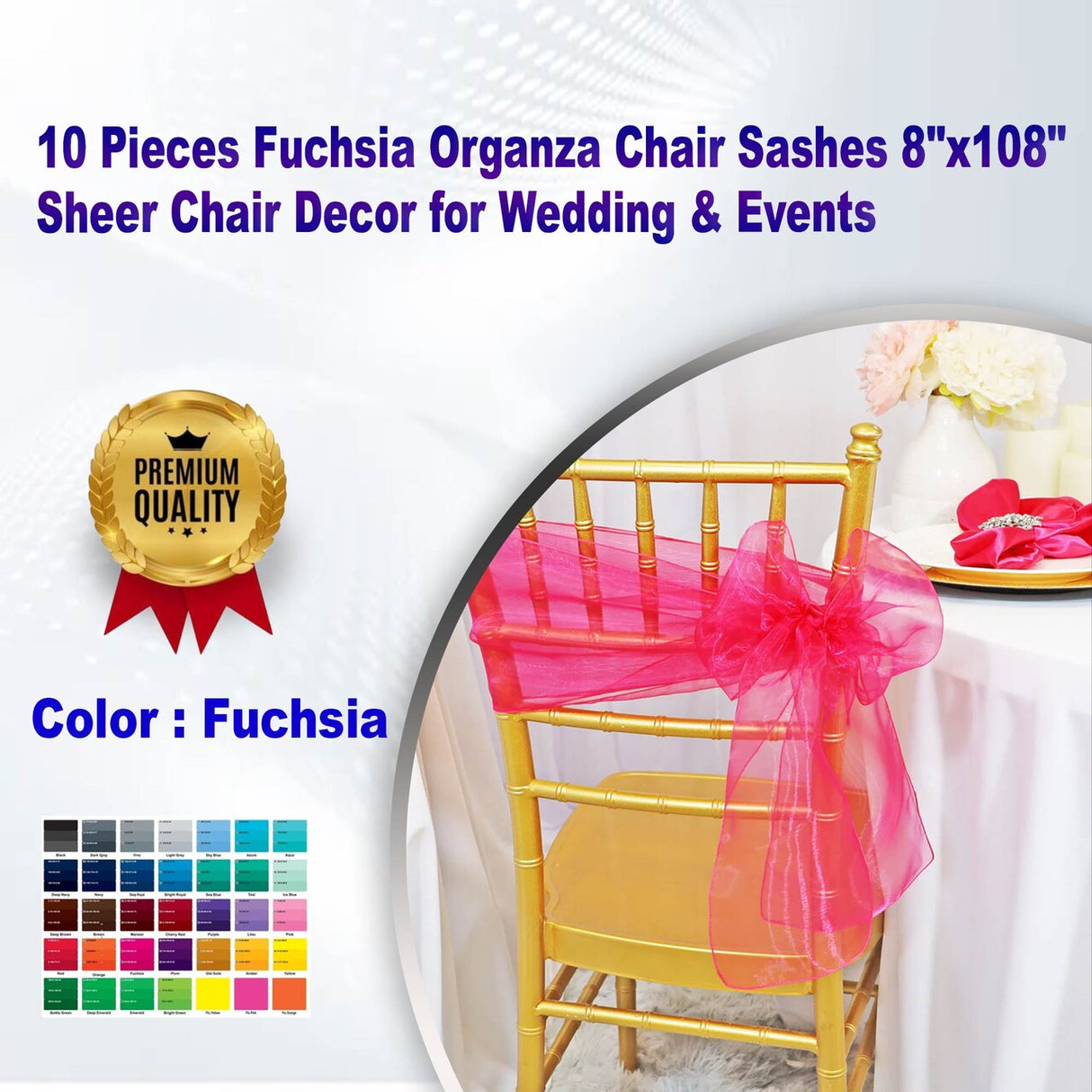 10 Pieces Fuchsia Organza Chair Sashes 8"x108" Sheer Chair Decor for Wedding & Events