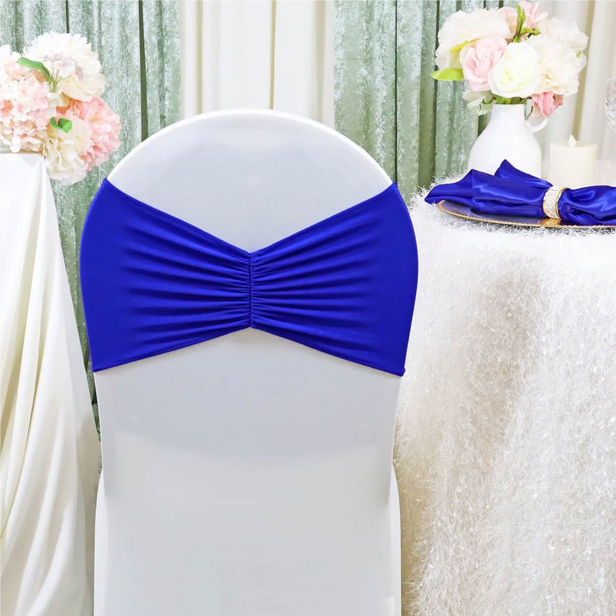 10 Pieces Royal Blue Ruffled Spandex Chair Bands for Vibrant Event Decor 8x13 inches