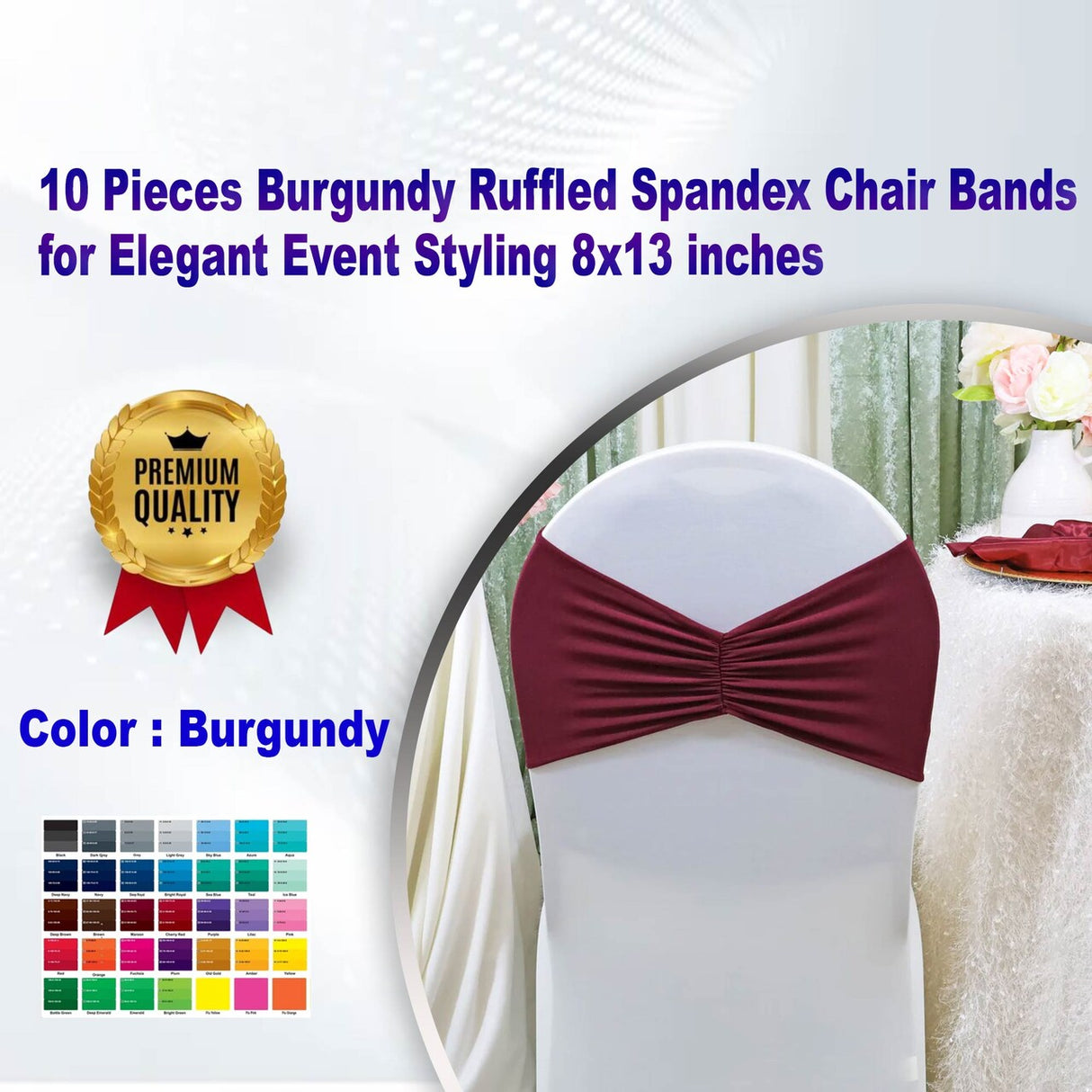 10 Pieces Burgundy Ruffled Spandex Chair Bands for Elegant Event Styling 8x13 inches