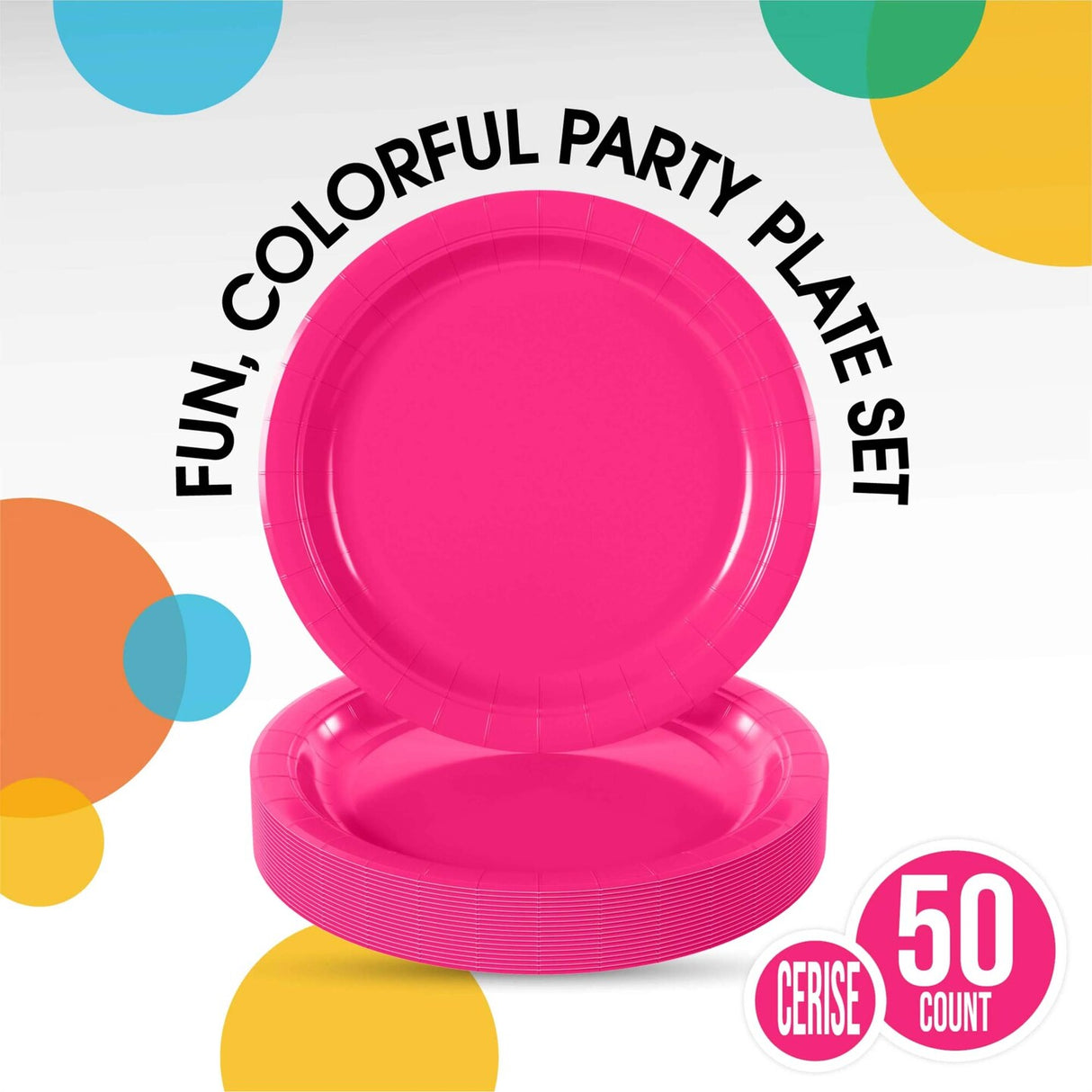 50 Count Cerise Paper Plates Hot Pink Disposable Party Supplies Round 7"
